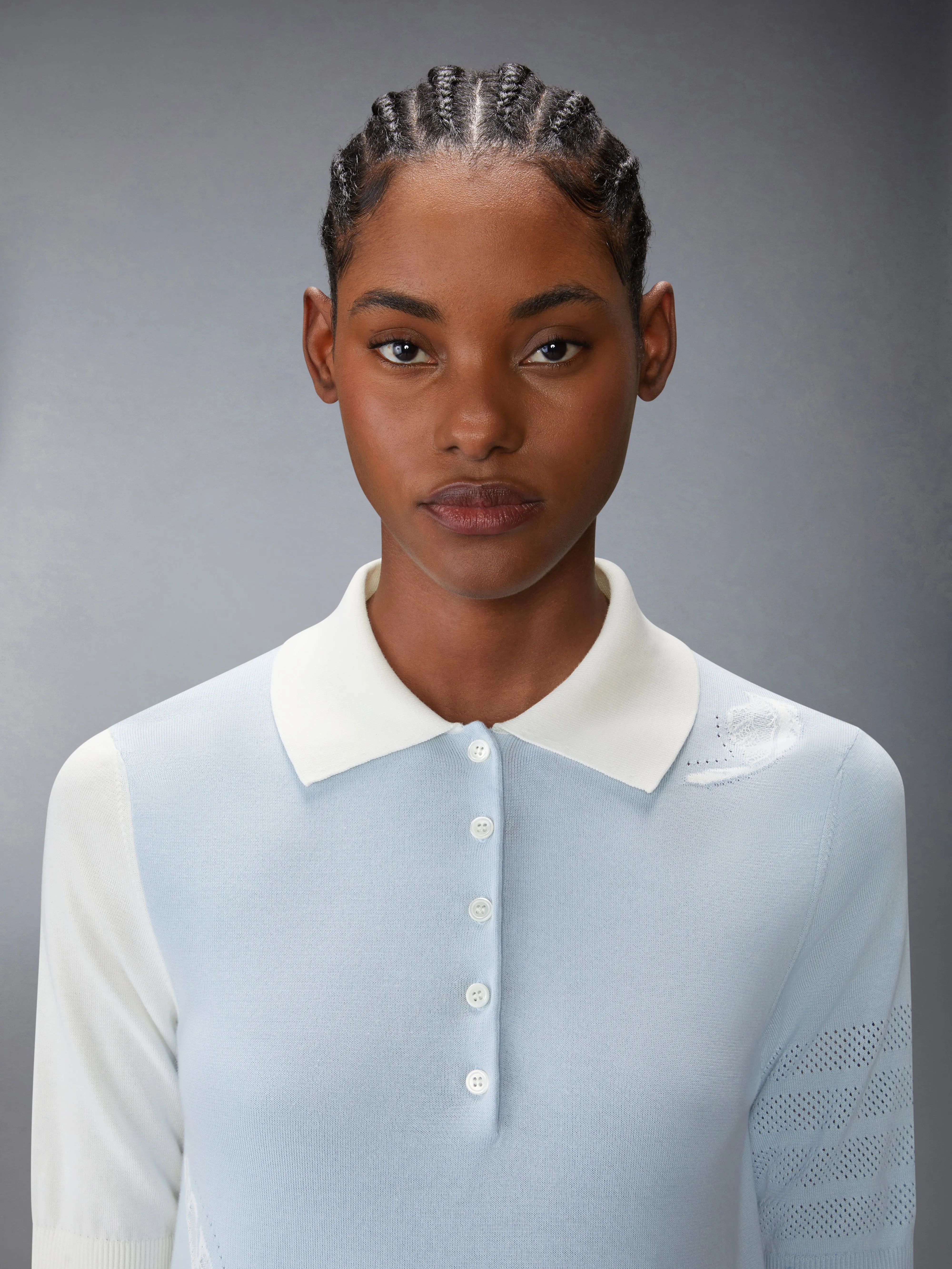 FUNMIX FEATHER INTARSIA POINTELLE 4 BAR POLO sold by Thom Browne product image thumbnail 5