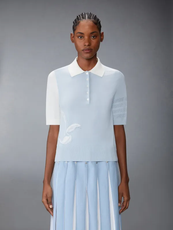 FUNMIX FEATHER INTARSIA POINTELLE 4 BAR POLO sold by Thom Browne