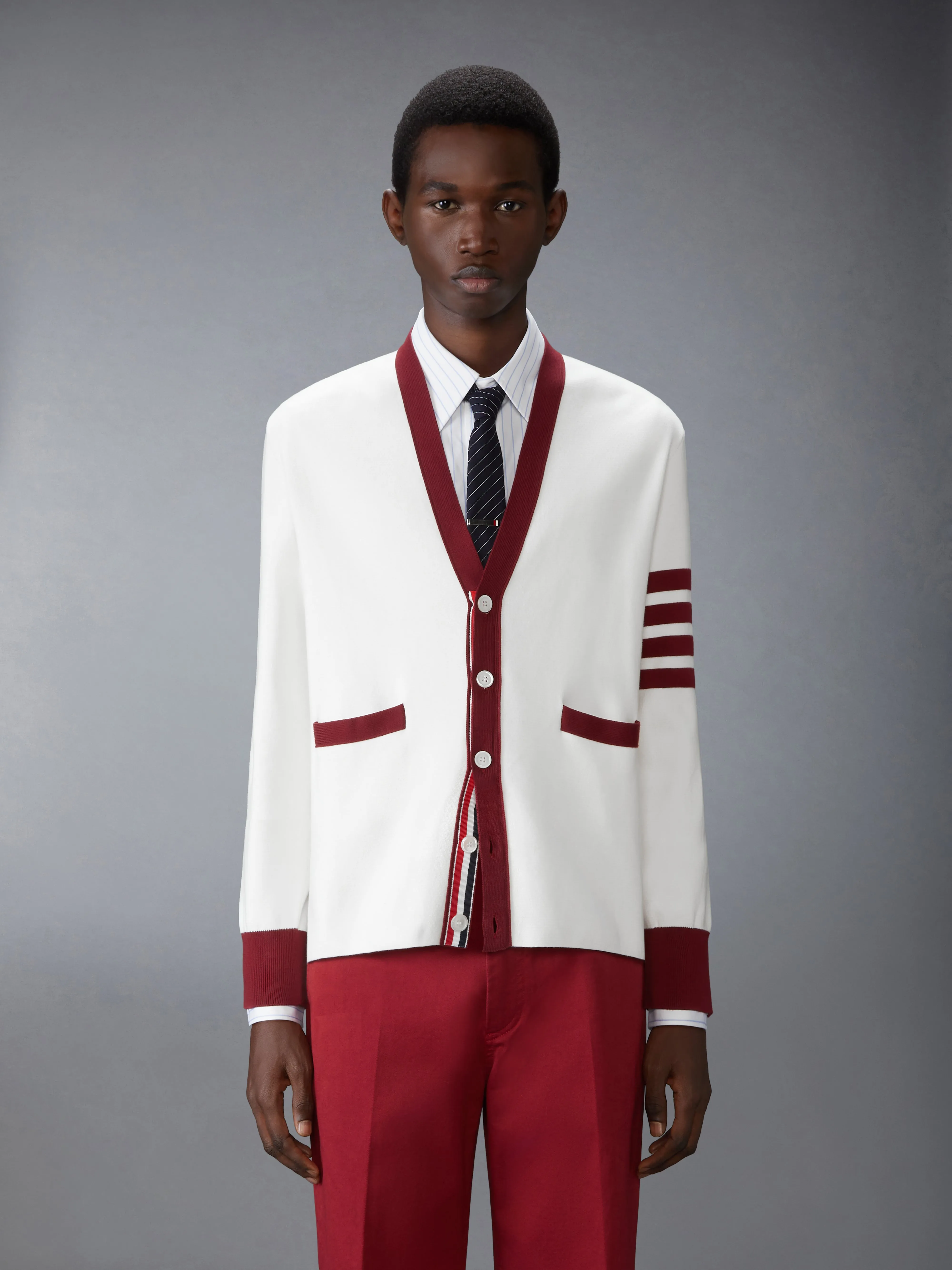 MILANO STITCH 4-BAR V NECK RUGBY FIT CARDIGAN sold by Thom Browne