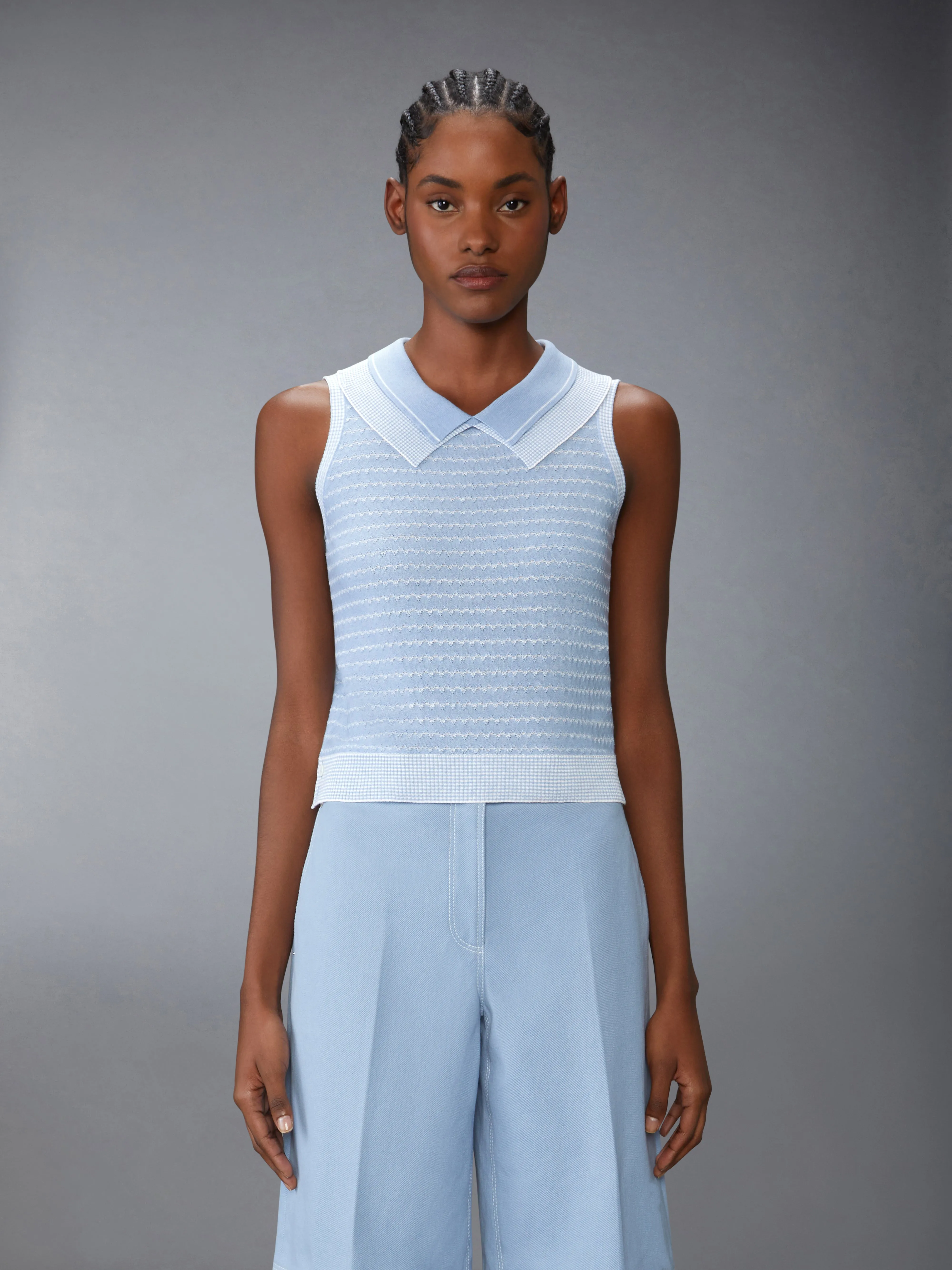 STRIPED TUCK STITCH SHELL TOP sold by Thom Browne