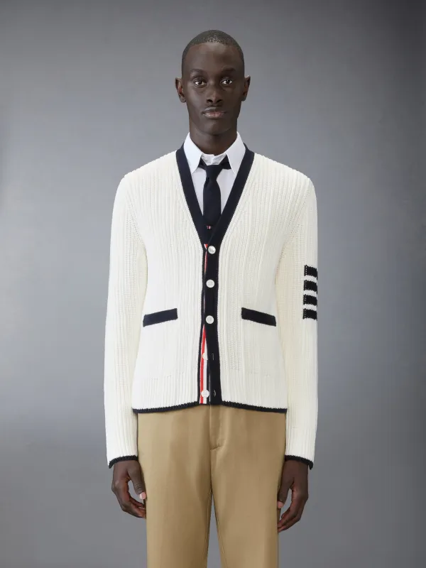 COTTON 4-BAR VARIEGATED V NECK CARDIGAN sold by Thom Browne