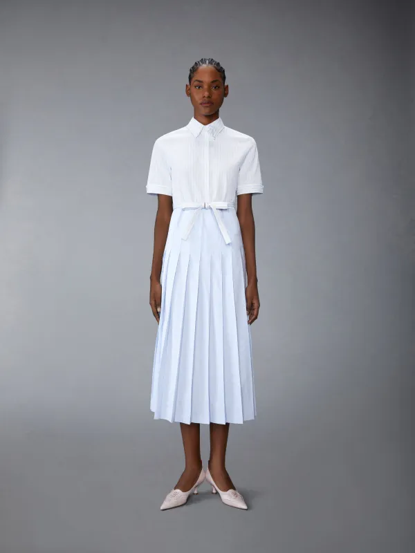 PINSTRIPE POPLIN BELTED PLEATED SHIRTDRESS sold by Thom Browne