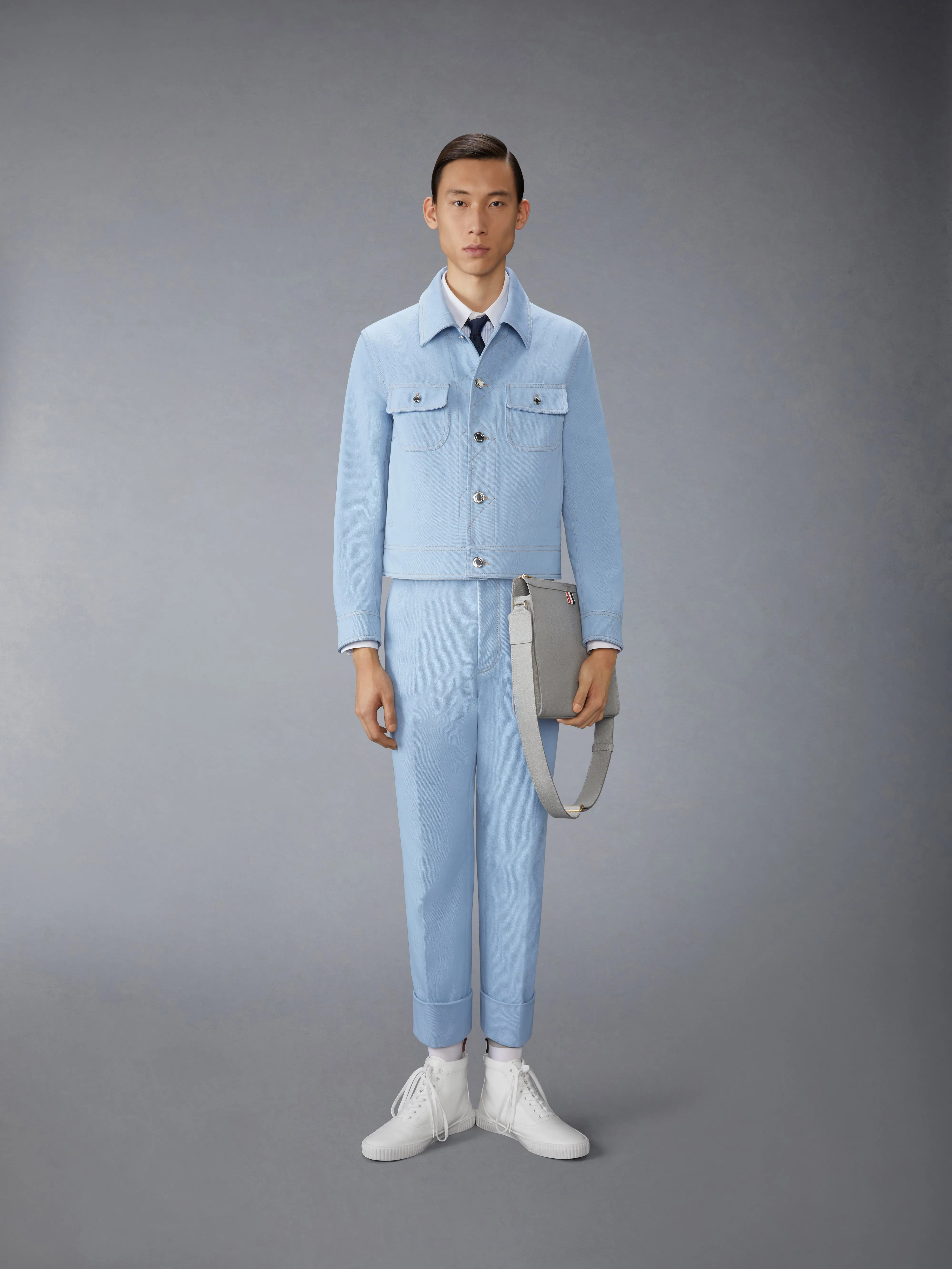 CONTRAST STITCH DENIM BACKSTRAP UTILITY JACKET sold by Thom Browne product image thumbnail 3