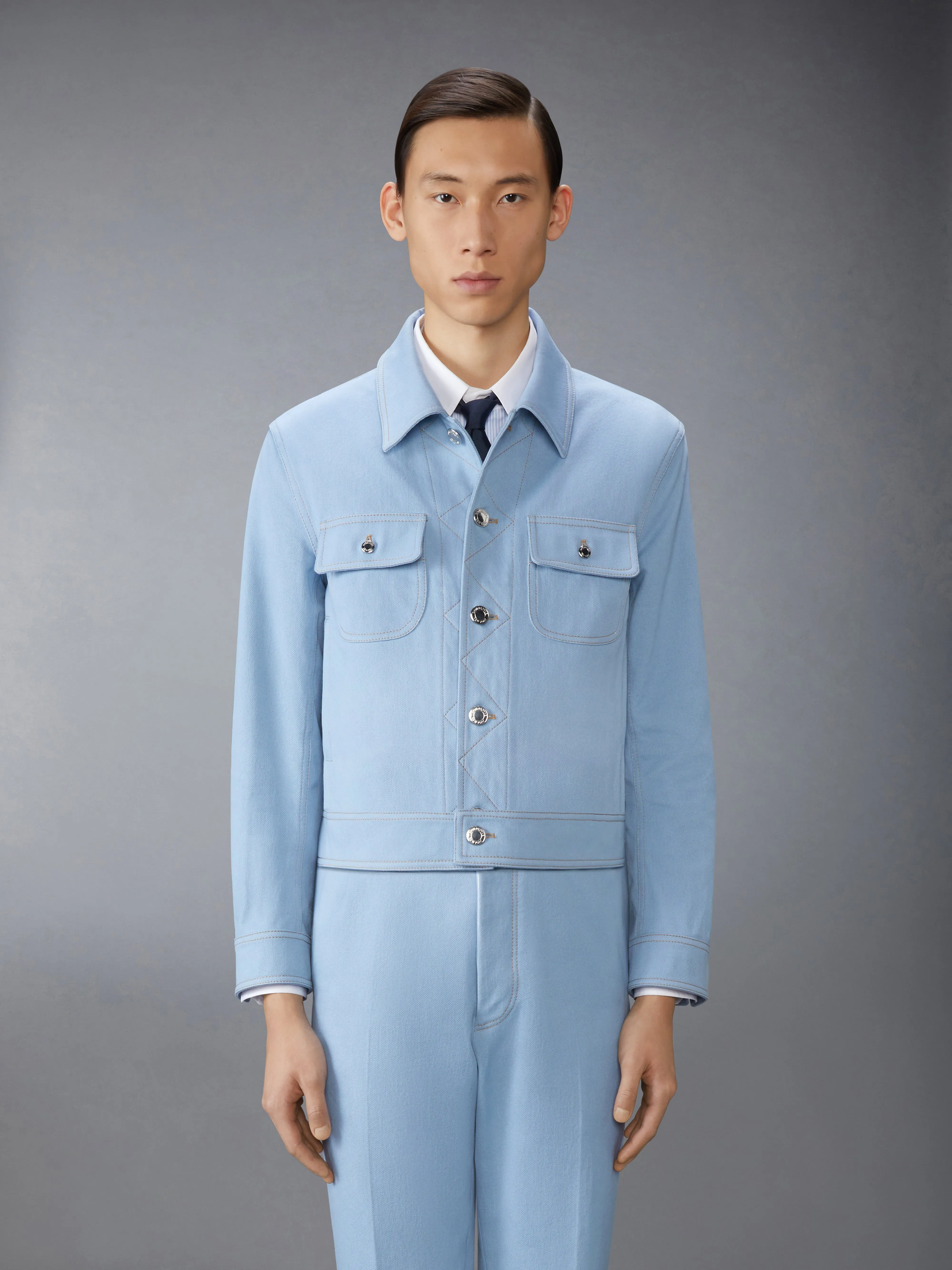 CONTRAST STITCH DENIM BACKSTRAP UTILITY JACKET sold by Thom Browne