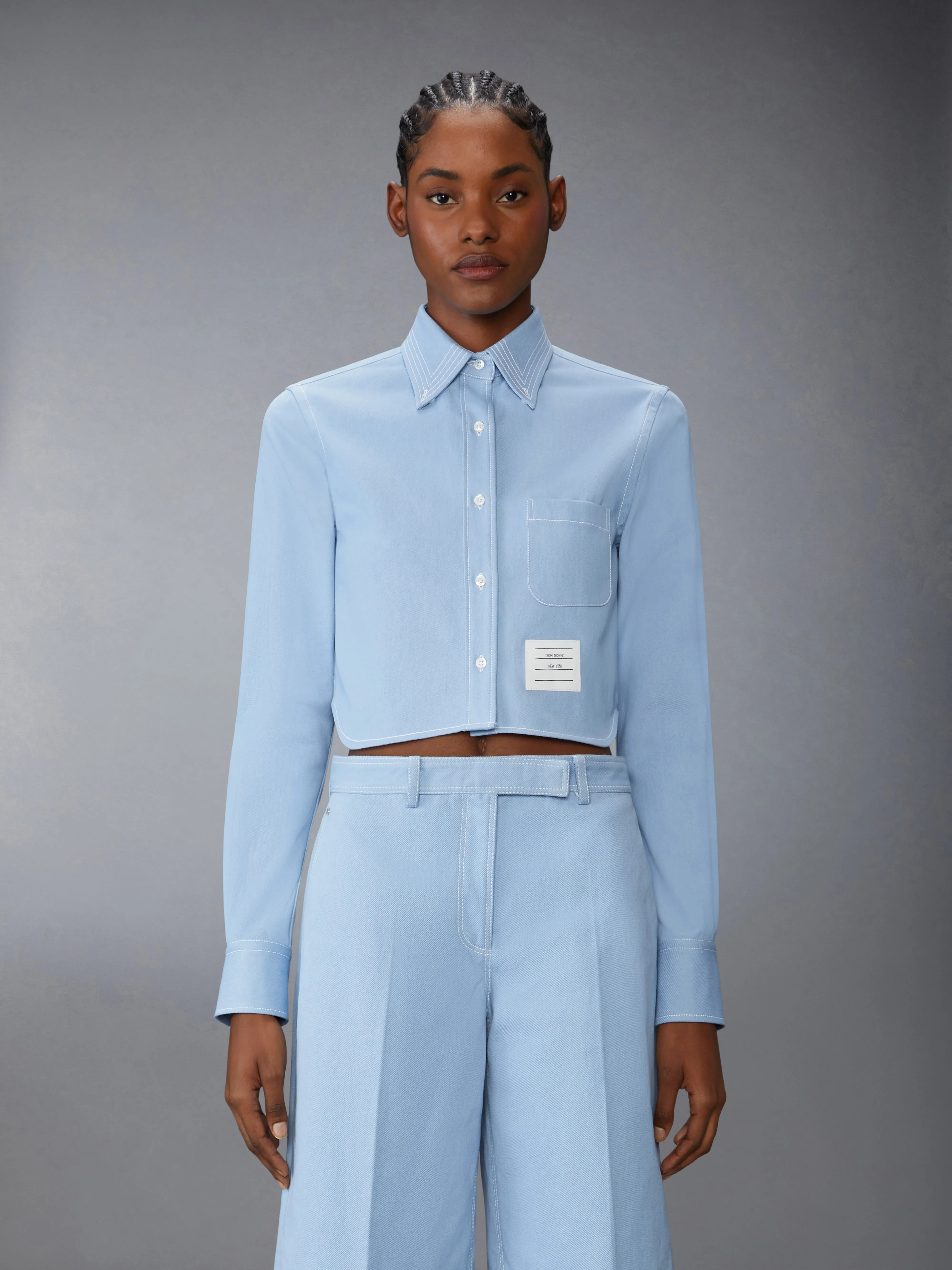 DENIM CLASSIC CROPPED LONG SLEEVE SHIRT sold by Thom Browne