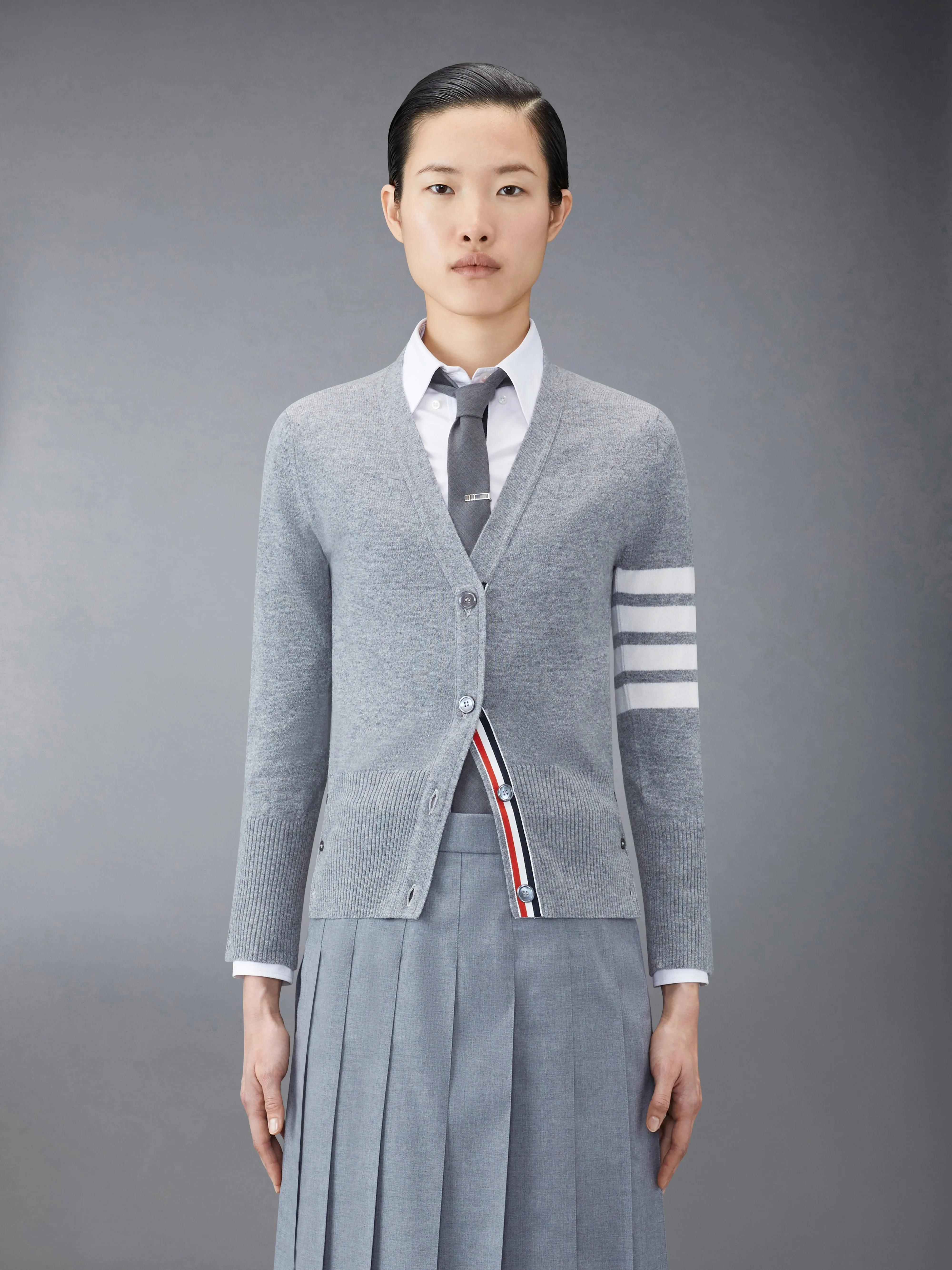 CLASSIC CASHMERE 4-BAR V-NECK CARDIGAN sold by Thom Browne