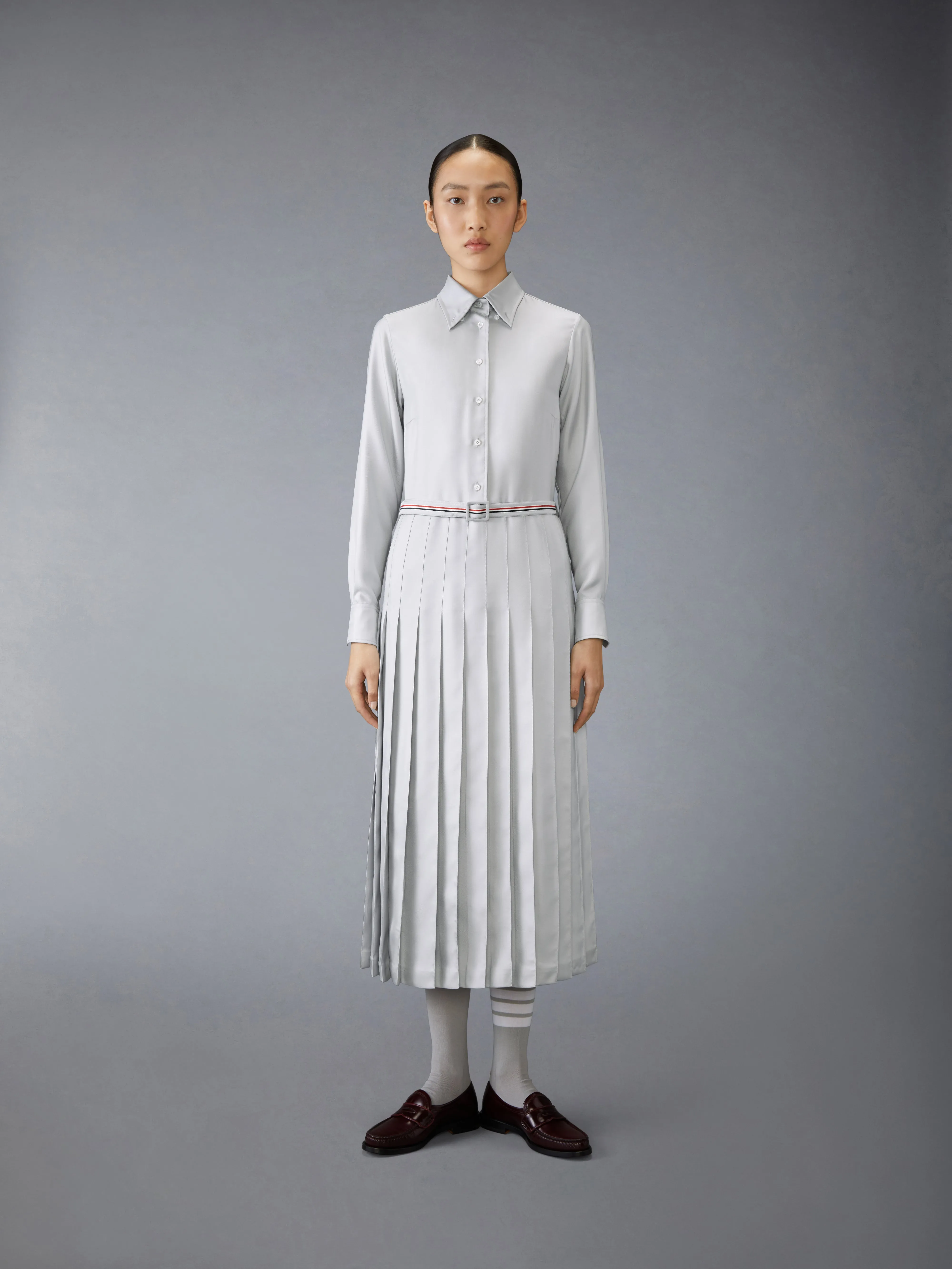 SILK TWILL BELTED DRESS sold by Thom Browne