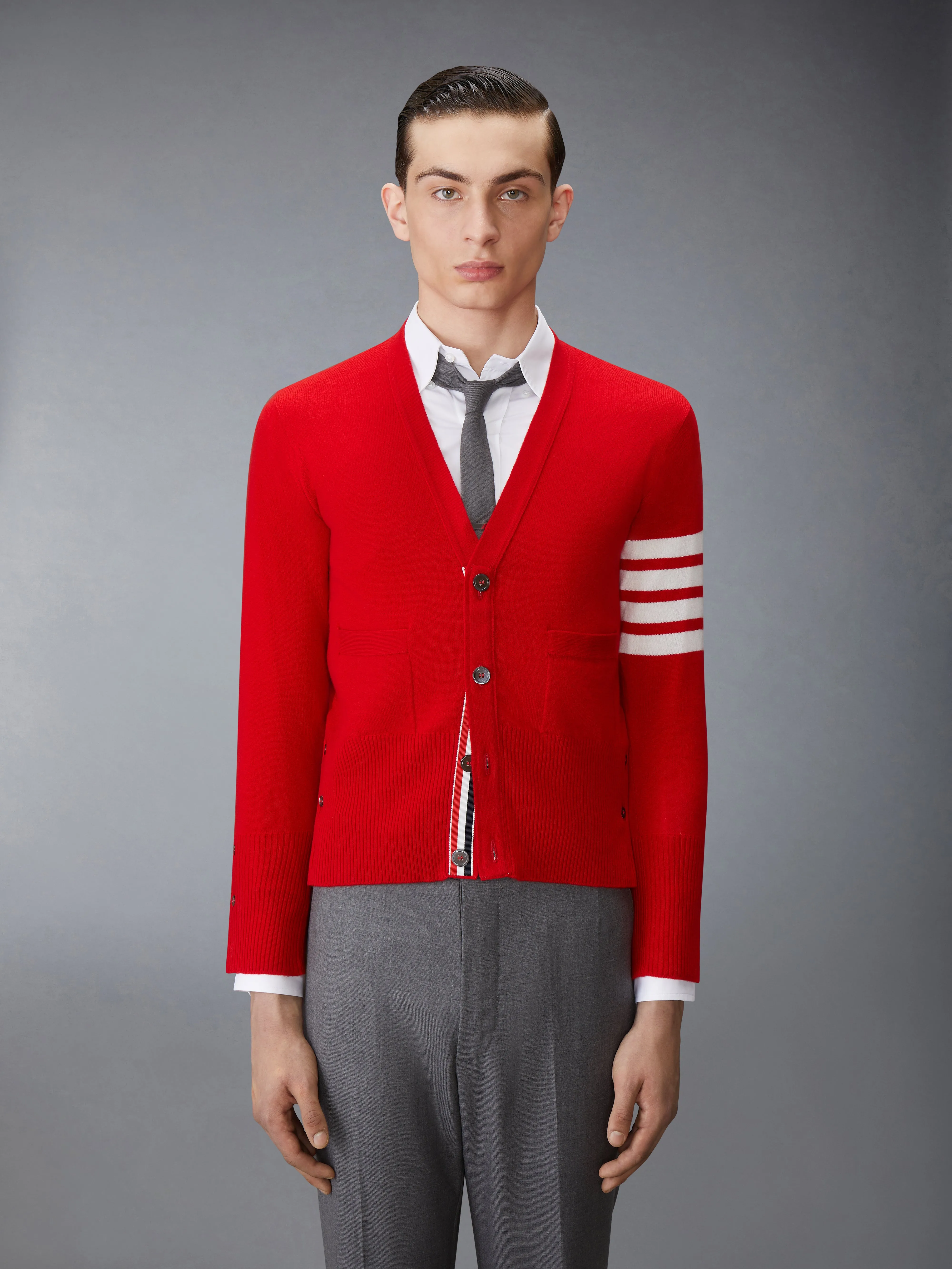 CLASSIC CASHMERE 4-BAR V-NECK CARDIGAN sold by Thom Browne