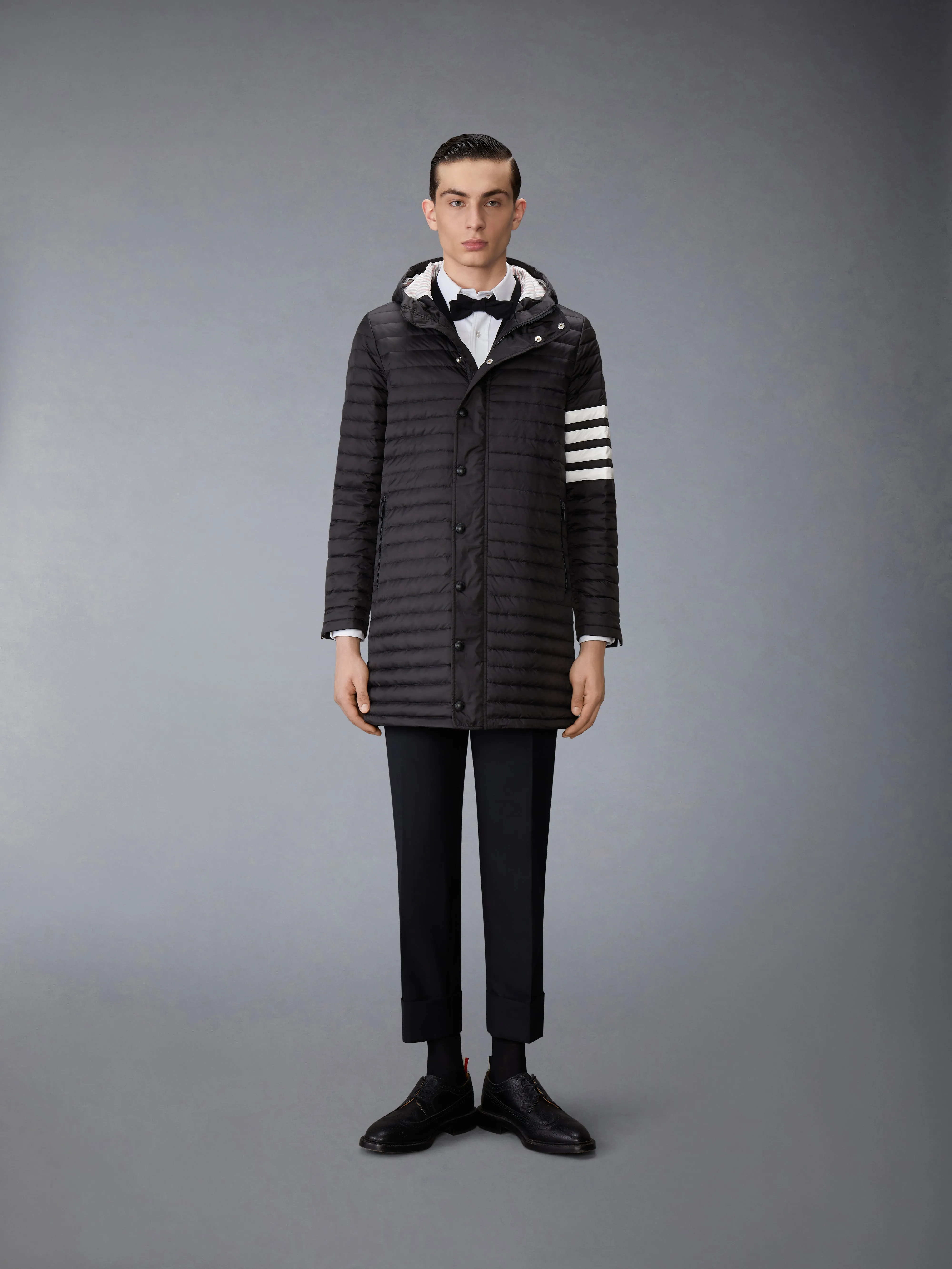 MATTE NYLON DOWN FILL QUILTED 4-BAR COAT sold by Thom Browne