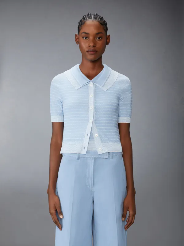STRIPED TUCK STITCH SHORT SLEEVE CARDIGAN made by Thom Browne