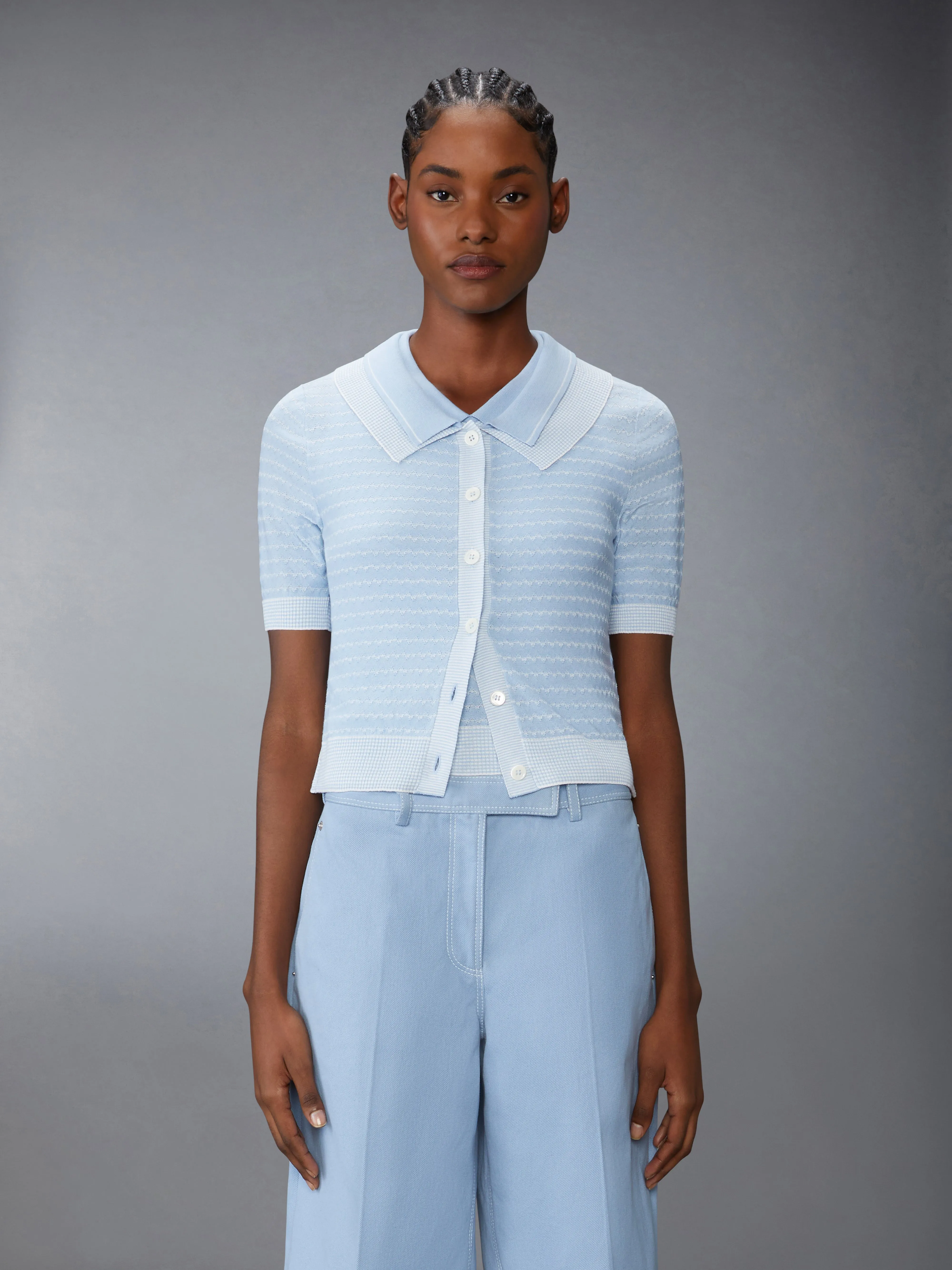 STRIPED TUCK STITCH SHORT SLEEVE CARDIGAN sold by Thom Browne