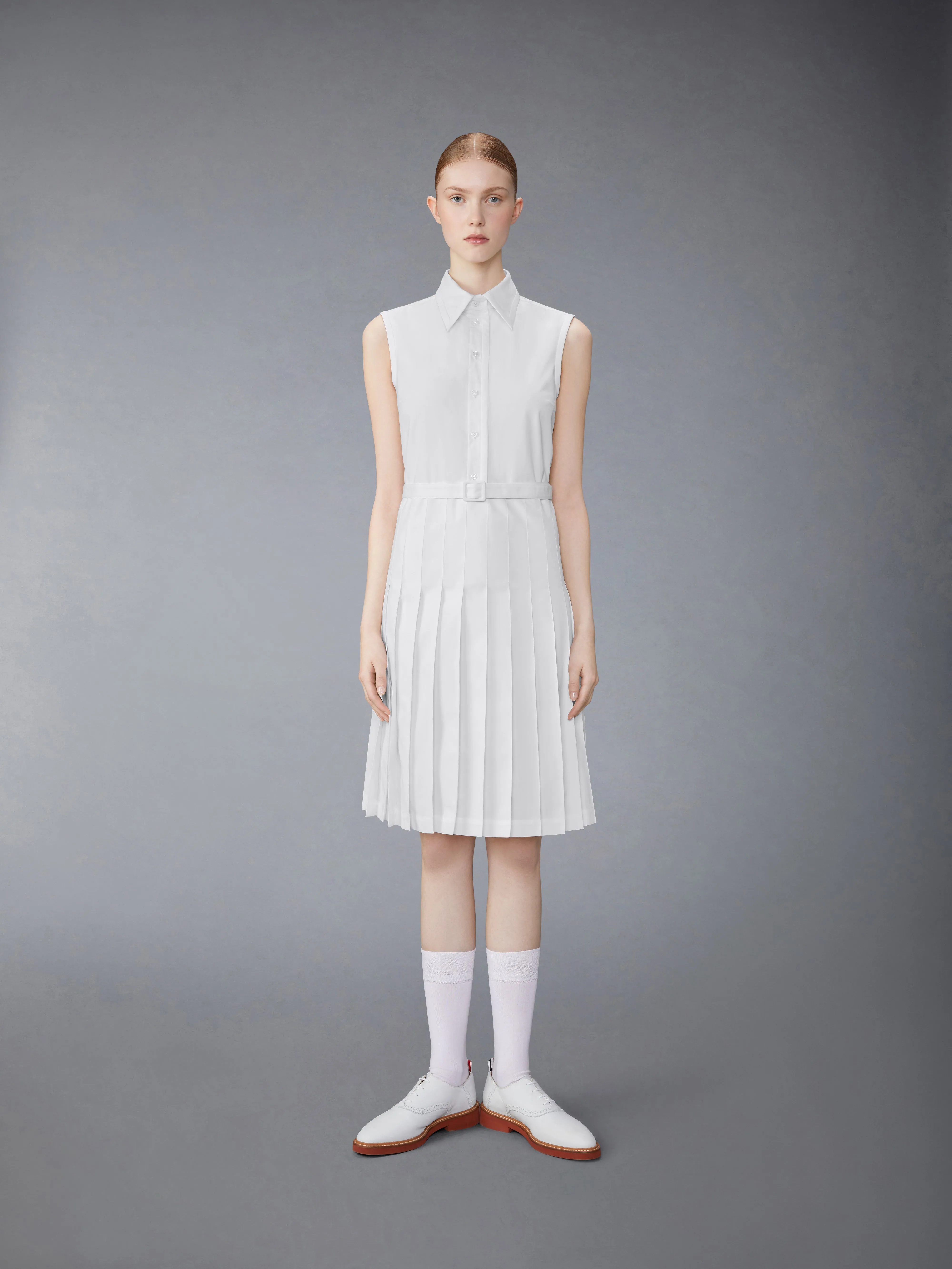 TYPEWRITER MIDI PLEATED BOTTOM BELTED DRESS sold by Thom Browne