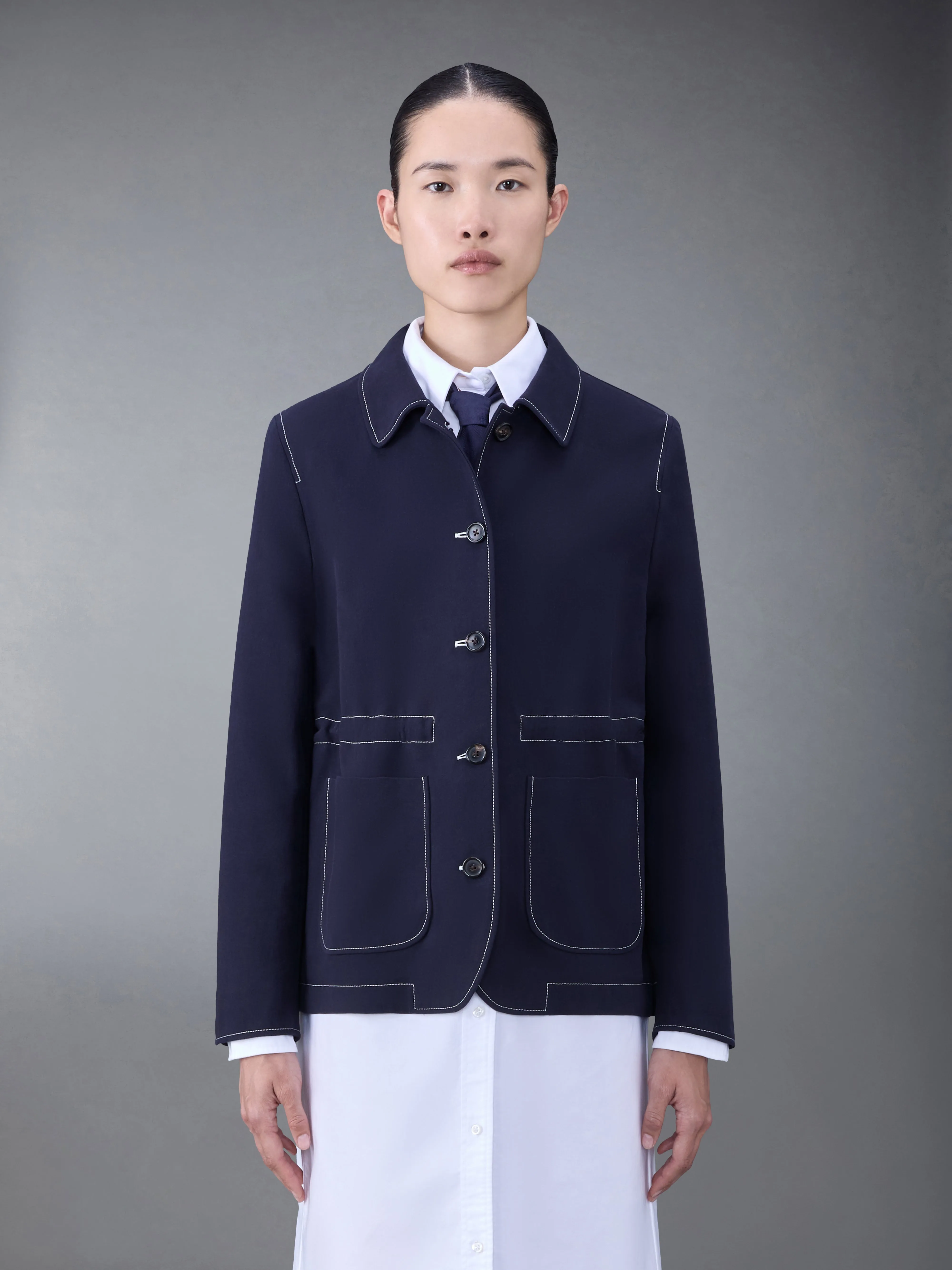 COTTON OVERSIZED ROUND COLLAR JACKET sold by Thom Browne