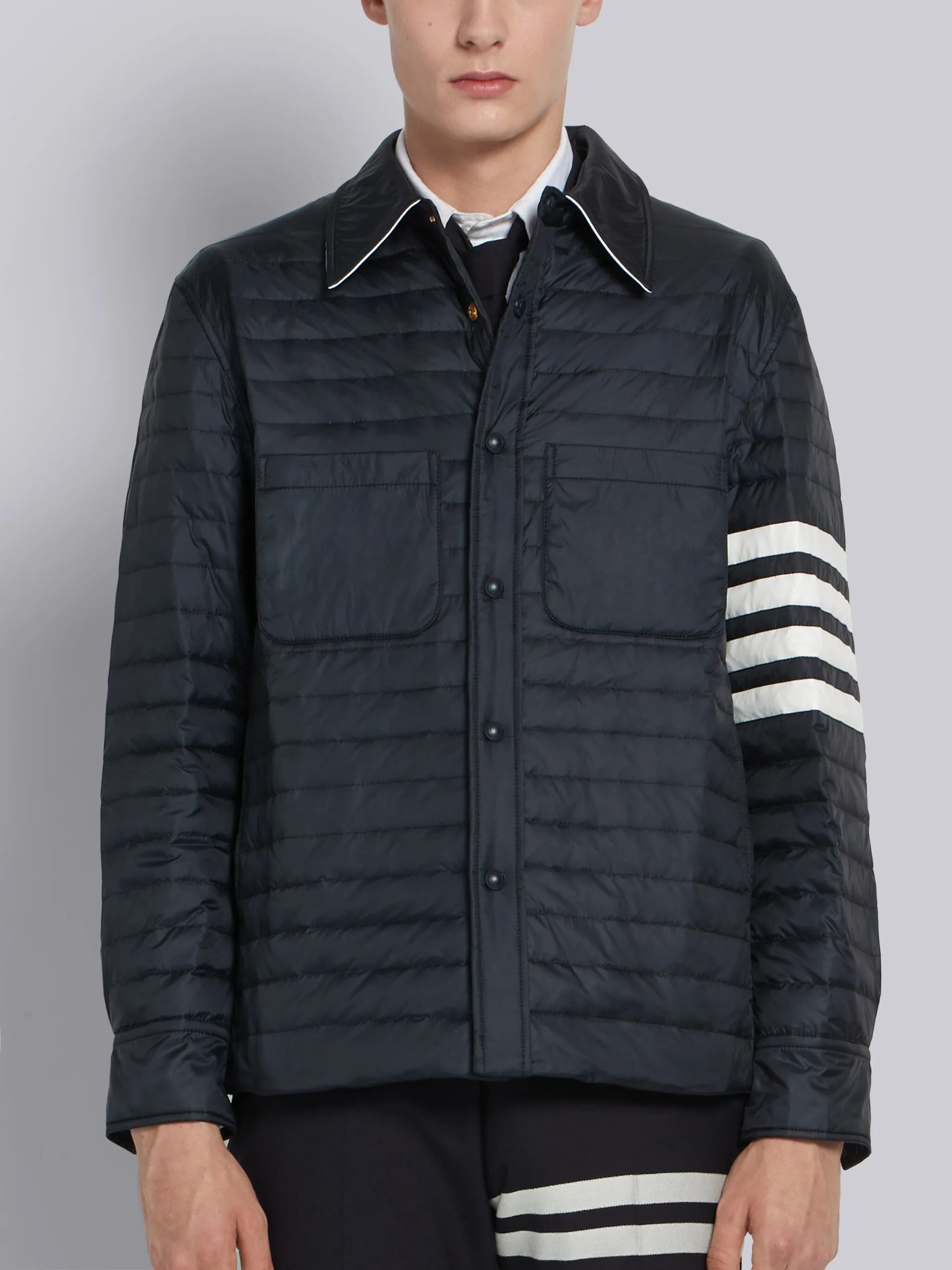Navy Down Fill 4-Bar Shirt Jacket sold by Thom Browne