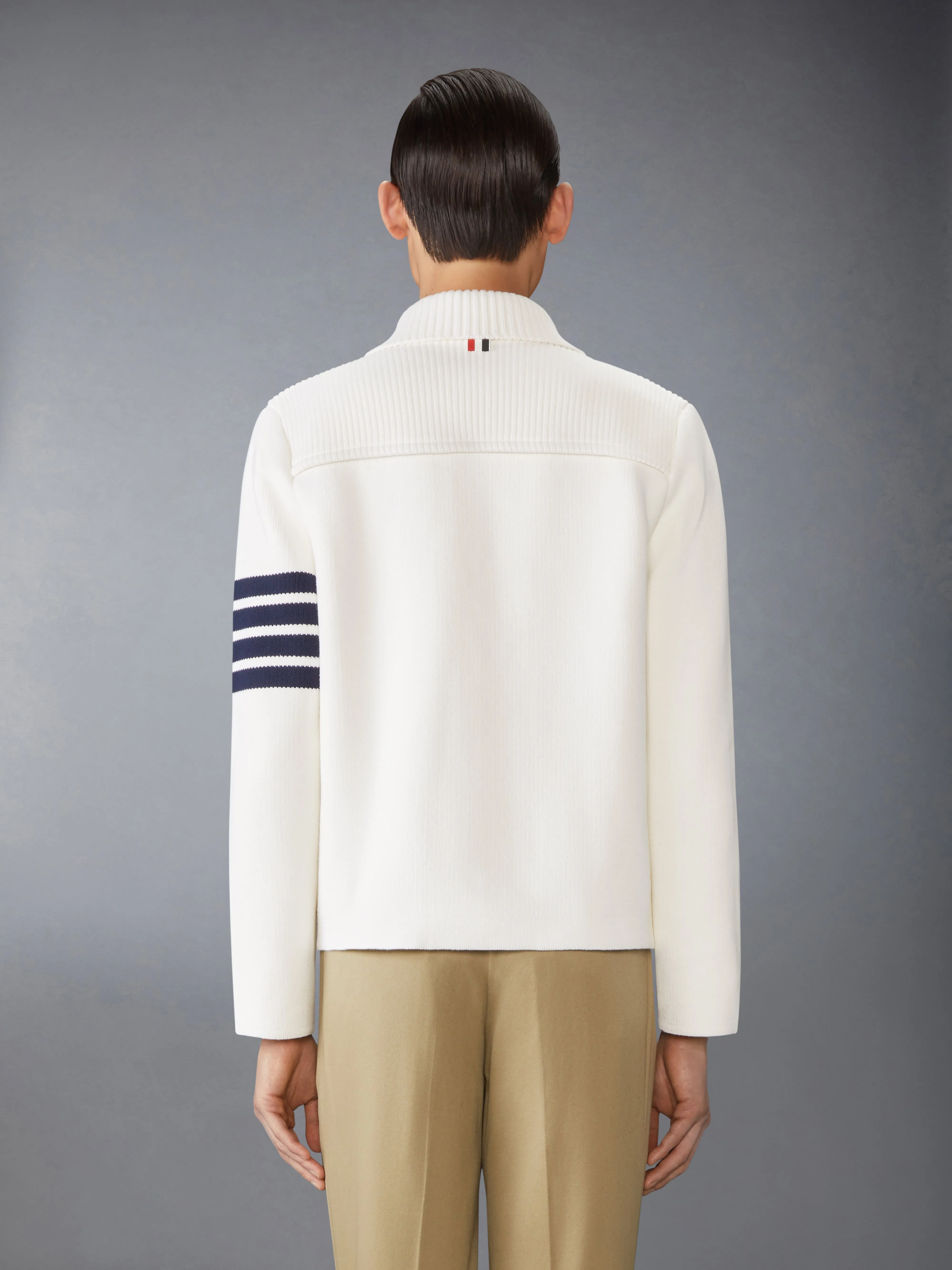 COTTON CASHMERE INTERLOCK 4-BAR POLO COLLAR JACKET sold by Thom Browne product image thumbnail 3