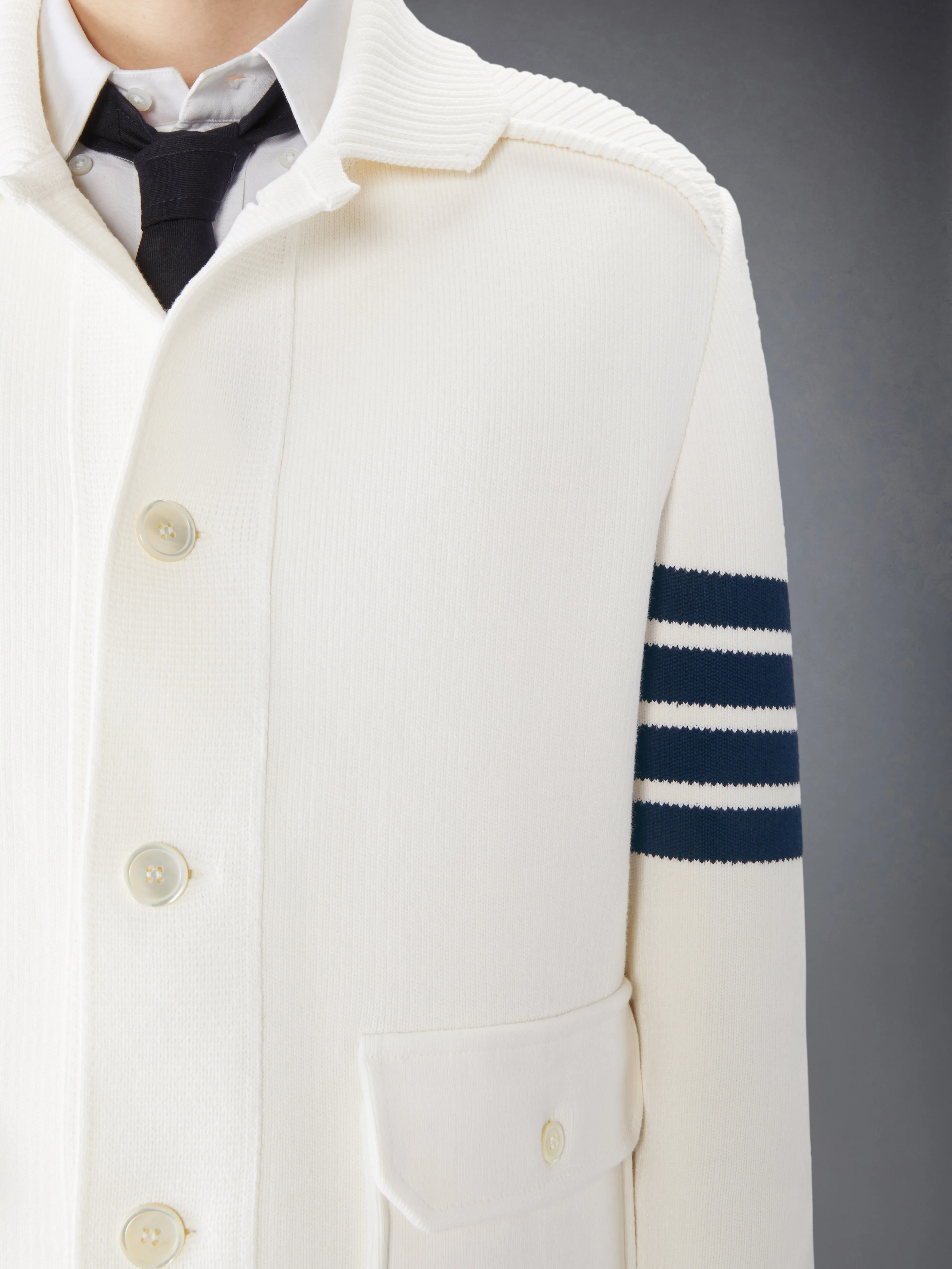 COTTON CASHMERE INTERLOCK 4-BAR POLO COLLAR JACKET sold by Thom Browne product image thumbnail 4