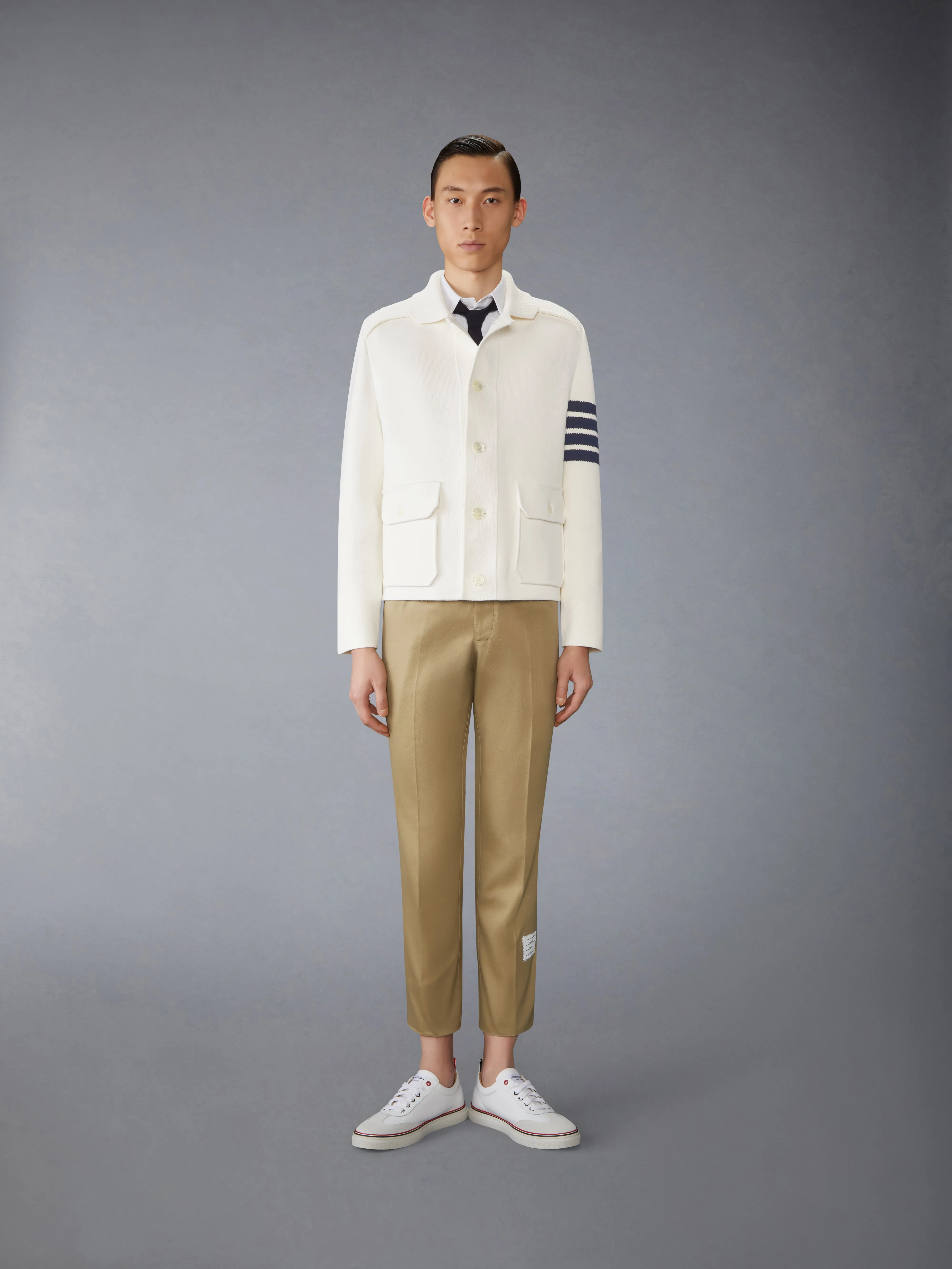 COTTON CASHMERE INTERLOCK 4-BAR POLO COLLAR JACKET sold by Thom Browne product image thumbnail 2