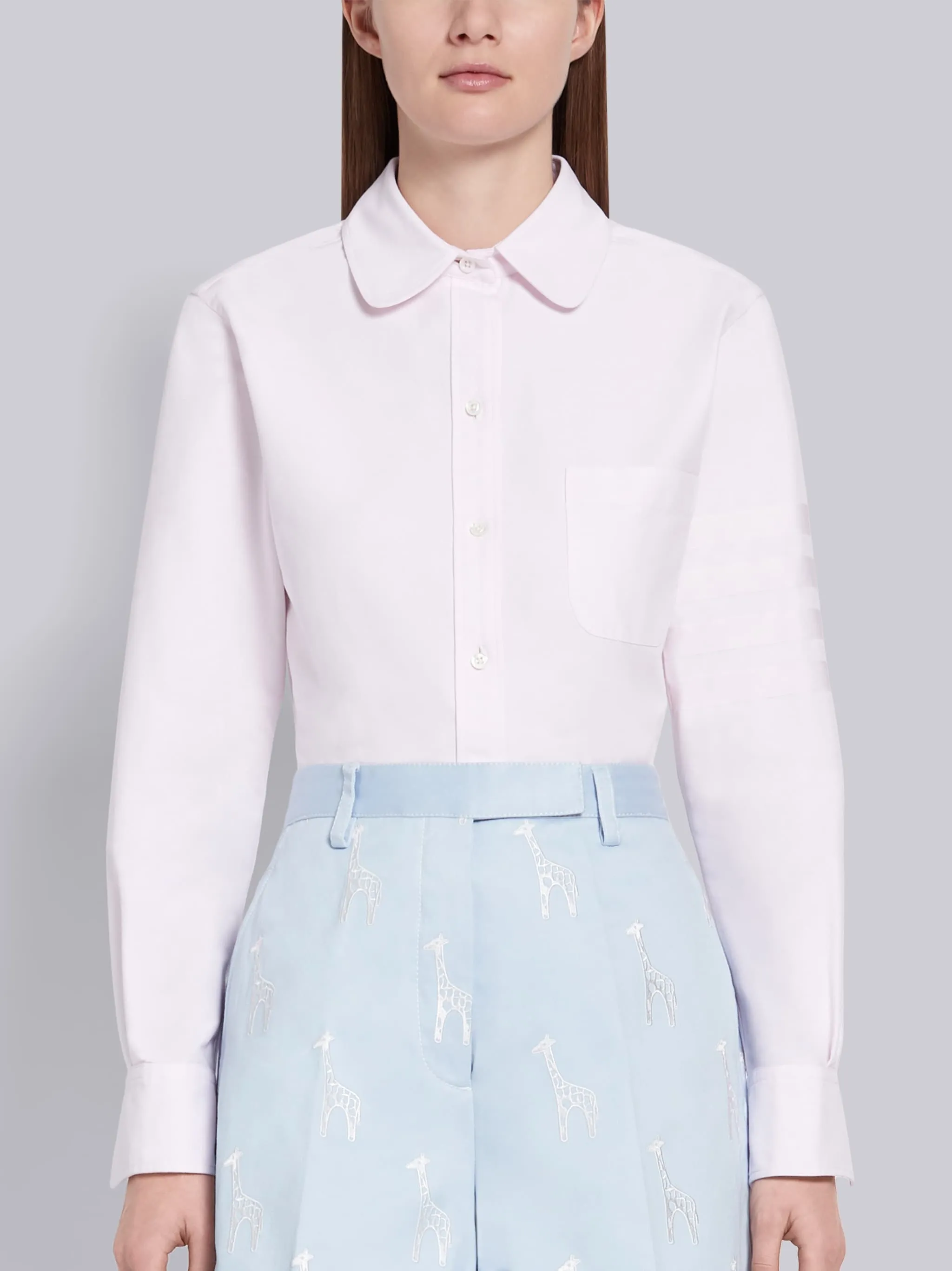 SUPIMA COTTON OXFORD SATIN WEAVE 4-BAR LONG SLEEVE ROUND COLLAR SHIRT sold by Thom Browne