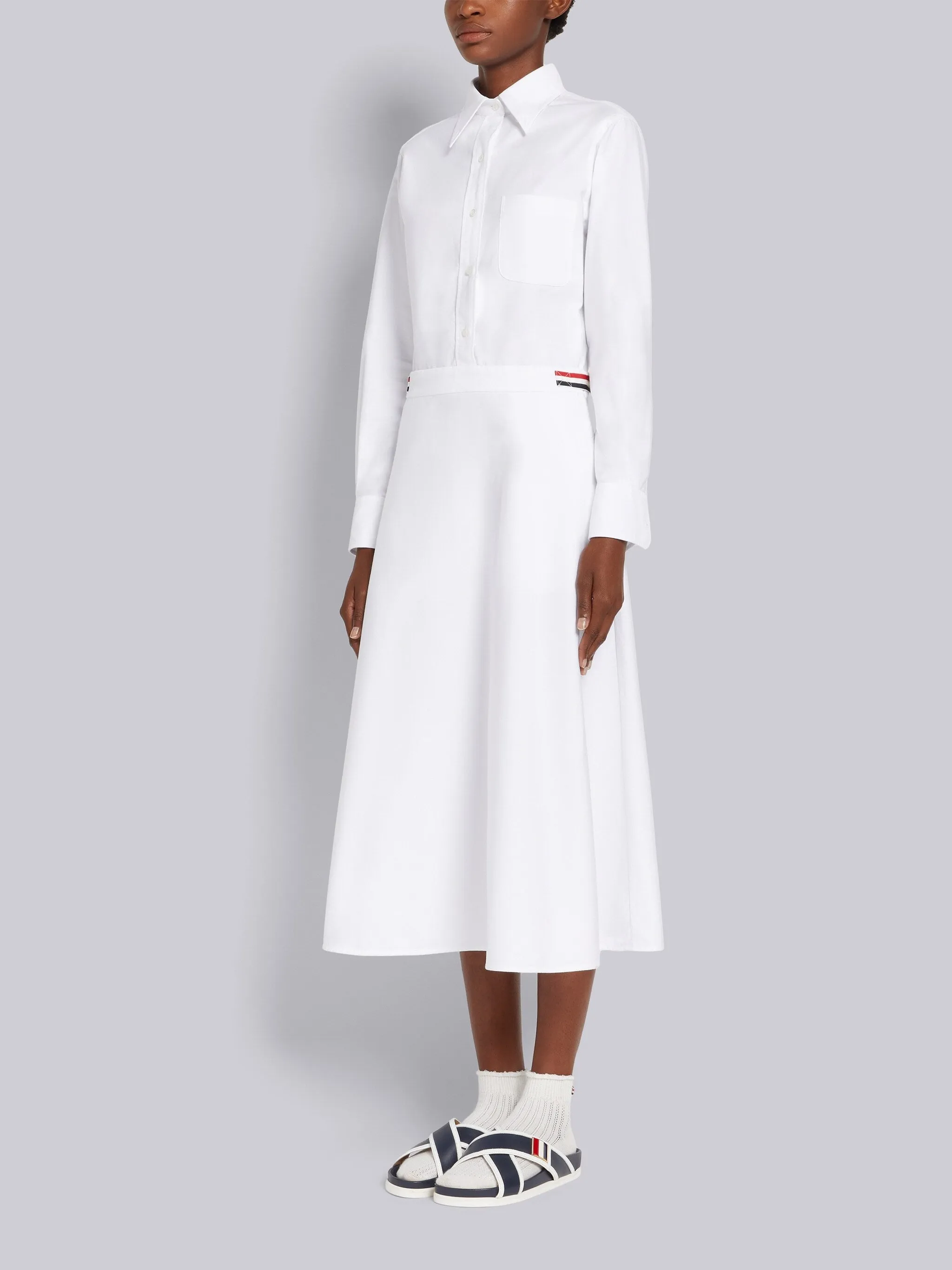 WHITE OXFORD HIGH WAISTED A-LINE BELOW THE KNEE SHIRTDRESS sold by Thom Browne product image thumbnail 2