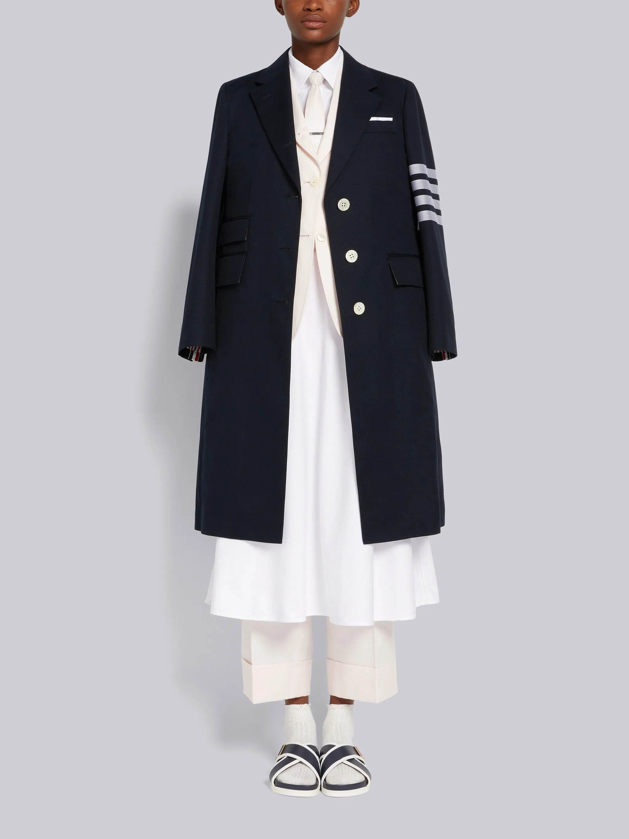 WHITE OXFORD HIGH WAISTED A-LINE BELOW THE KNEE SHIRTDRESS sold by Thom Browne product image thumbnail 3