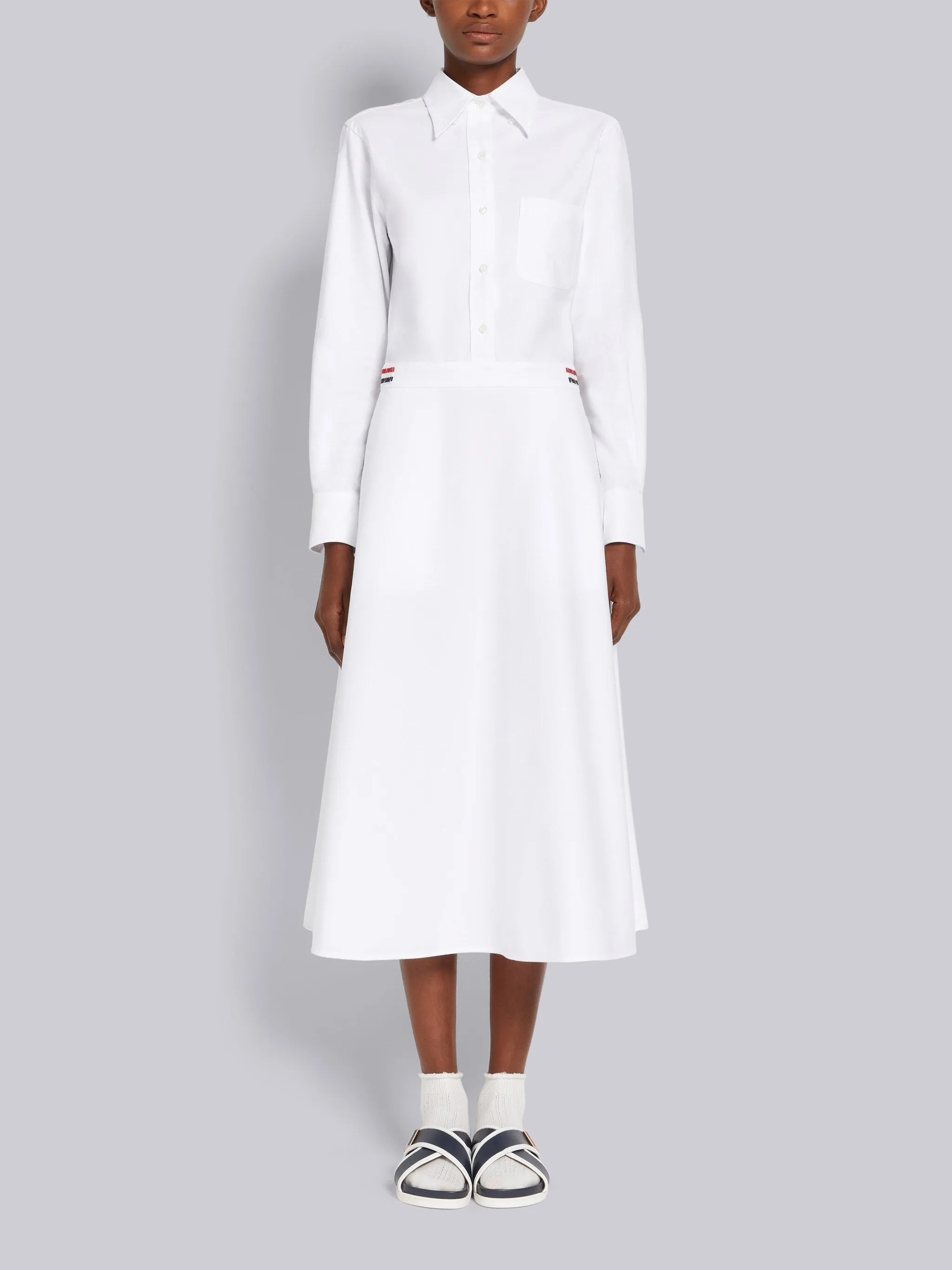 WHITE OXFORD HIGH WAISTED A-LINE BELOW THE KNEE SHIRTDRESS sold by Thom Browne