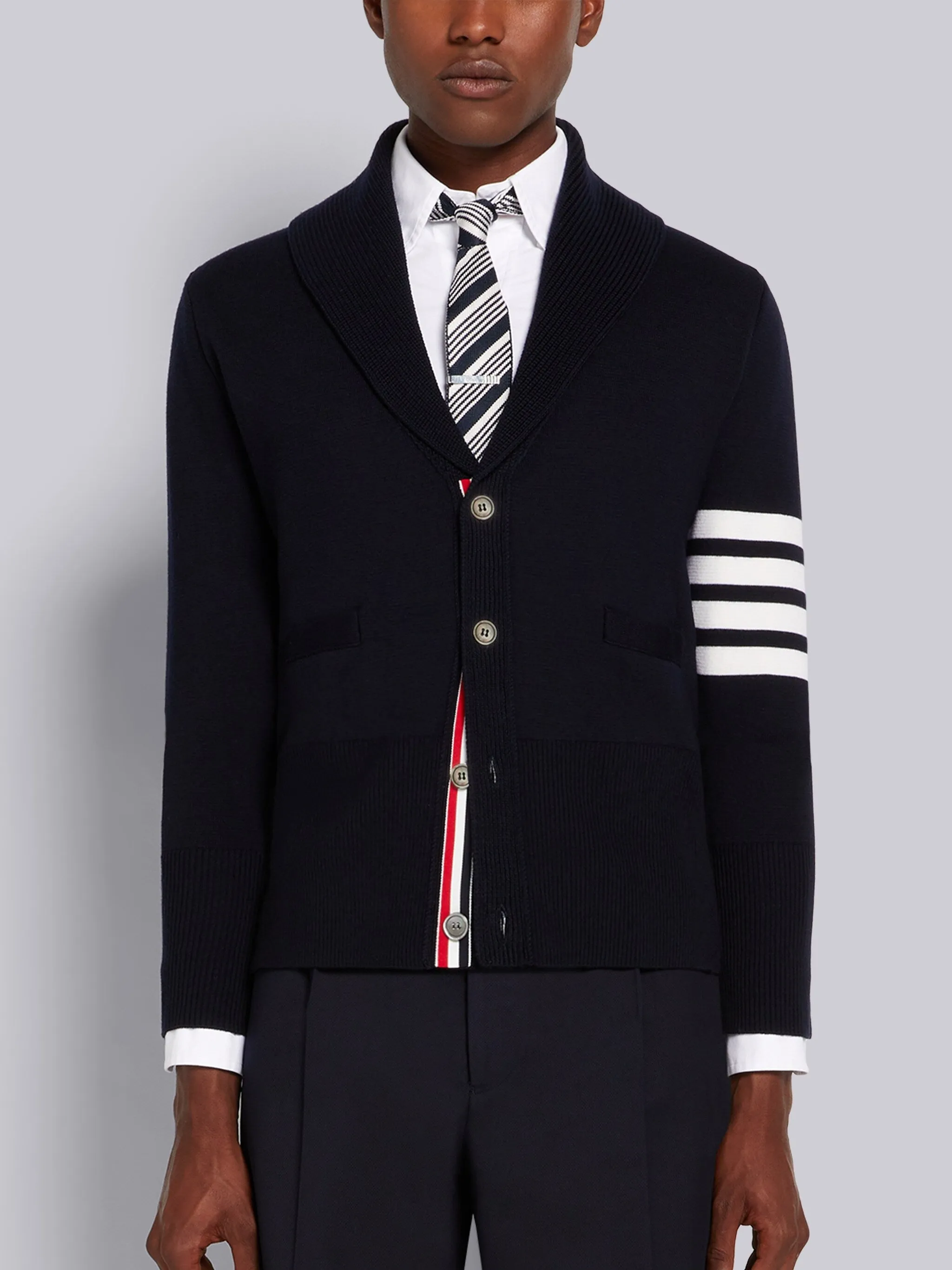 LIGHT GREY MILANO STITCH MERINO WOOL 4-BAR SHAWL COLLAR CARDIGAN sold by Thom Browne