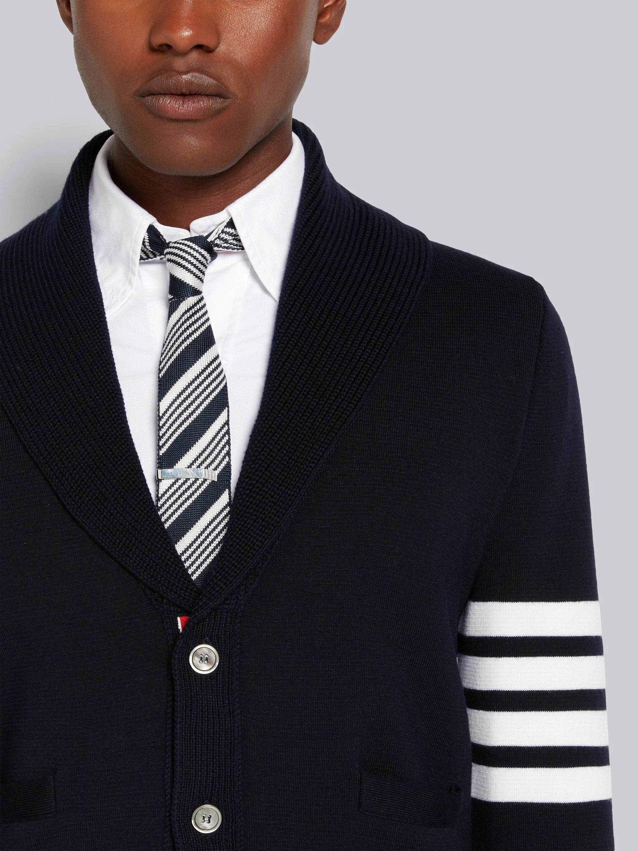LIGHT GREY MILANO STITCH MERINO WOOL 4-BAR SHAWL COLLAR CARDIGAN sold by Thom Browne product image thumbnail 3