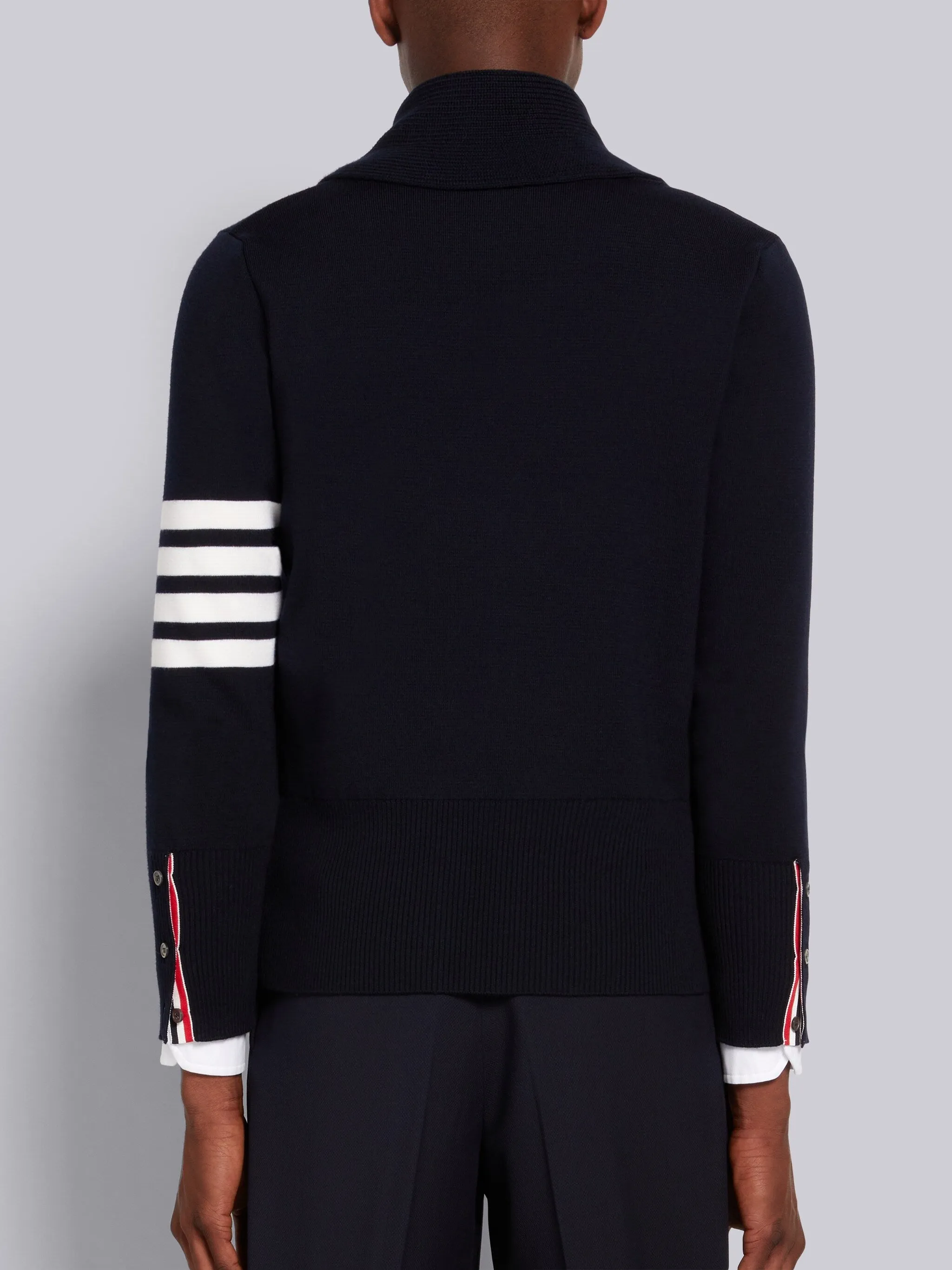 LIGHT GREY MILANO STITCH MERINO WOOL 4-BAR SHAWL COLLAR CARDIGAN sold by Thom Browne product image thumbnail 5