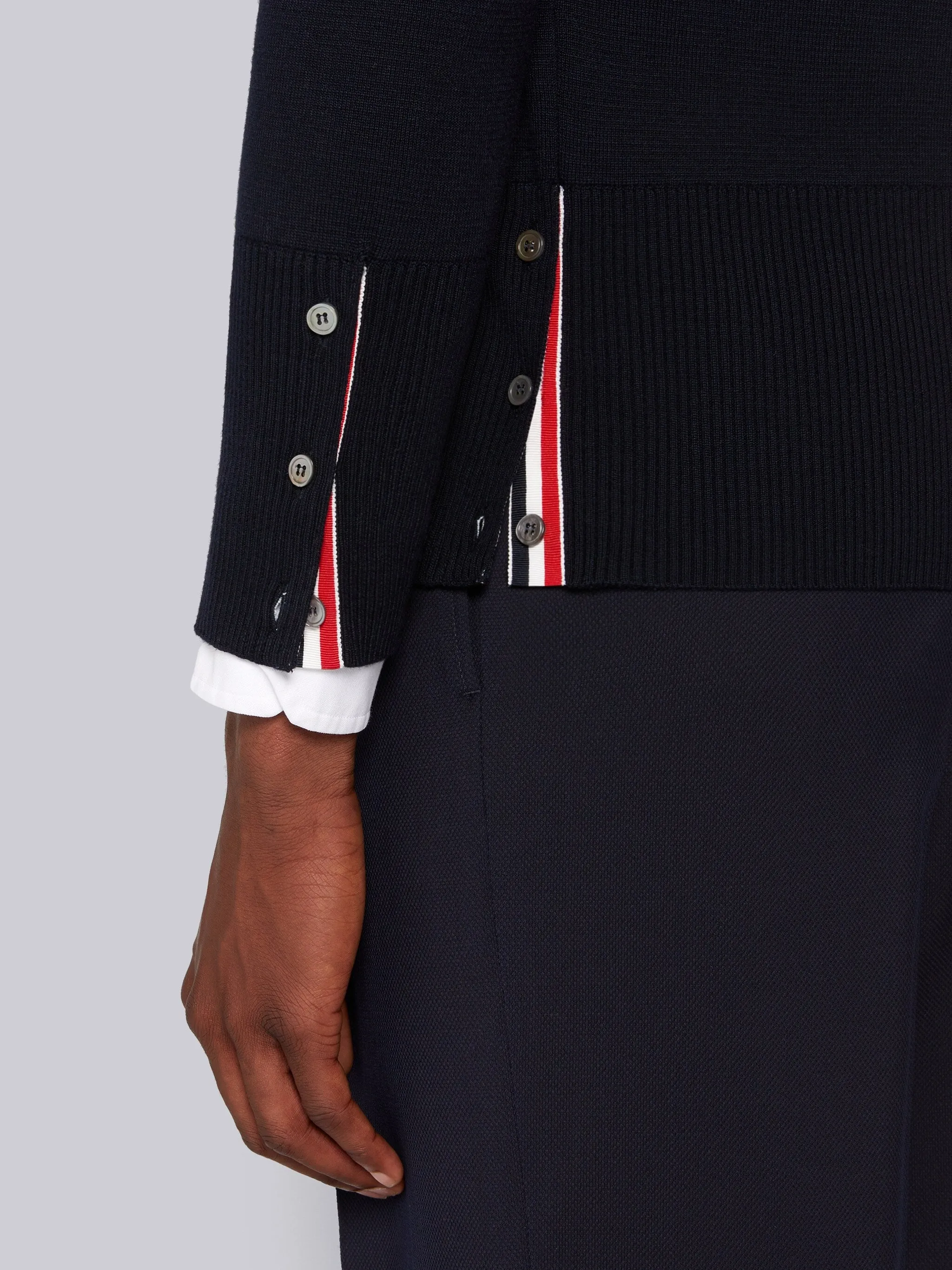 LIGHT GREY MILANO STITCH MERINO WOOL 4-BAR SHAWL COLLAR CARDIGAN sold by Thom Browne product image thumbnail 4