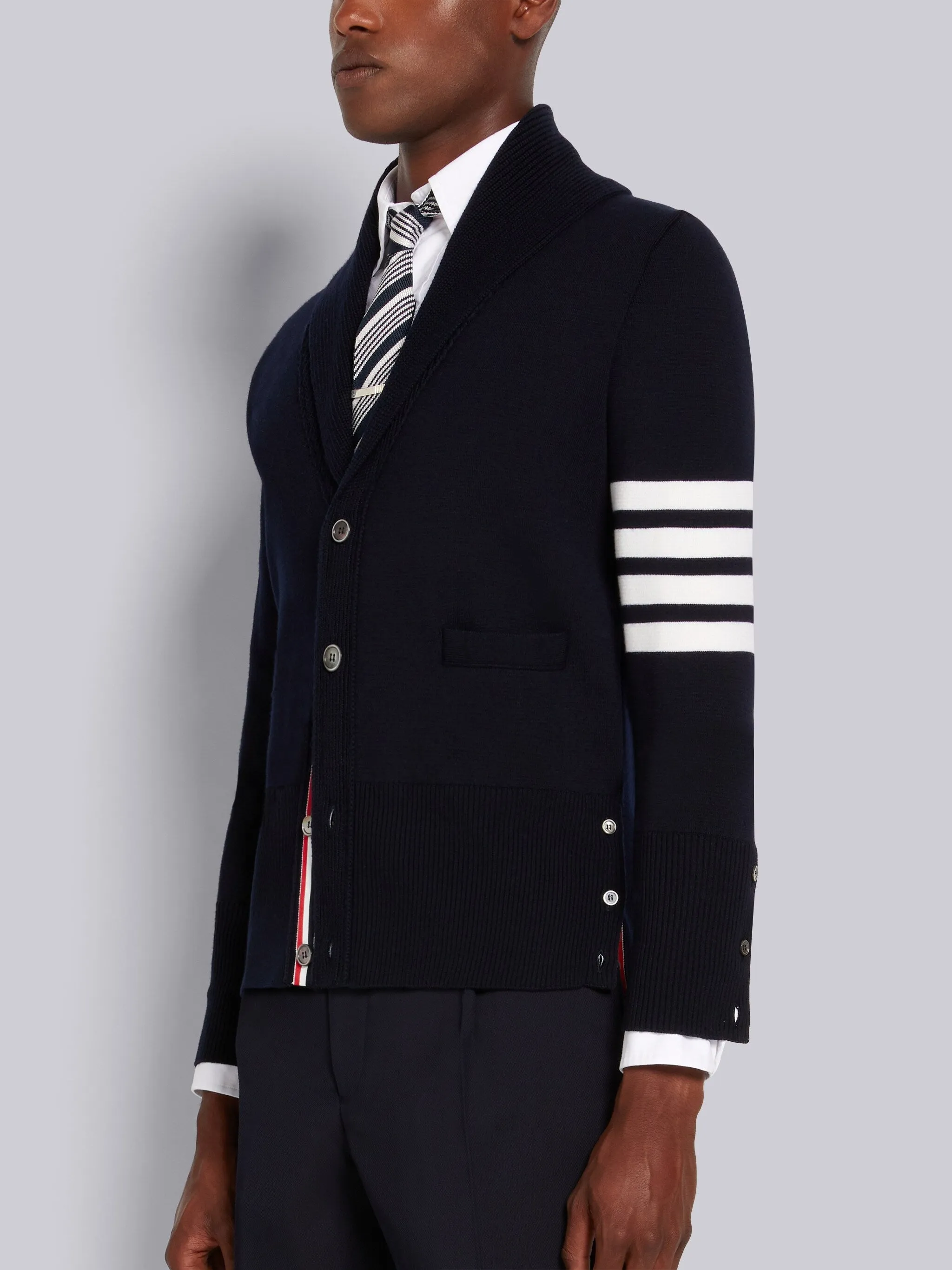 LIGHT GREY MILANO STITCH MERINO WOOL 4-BAR SHAWL COLLAR CARDIGAN sold by Thom Browne product image thumbnail 2