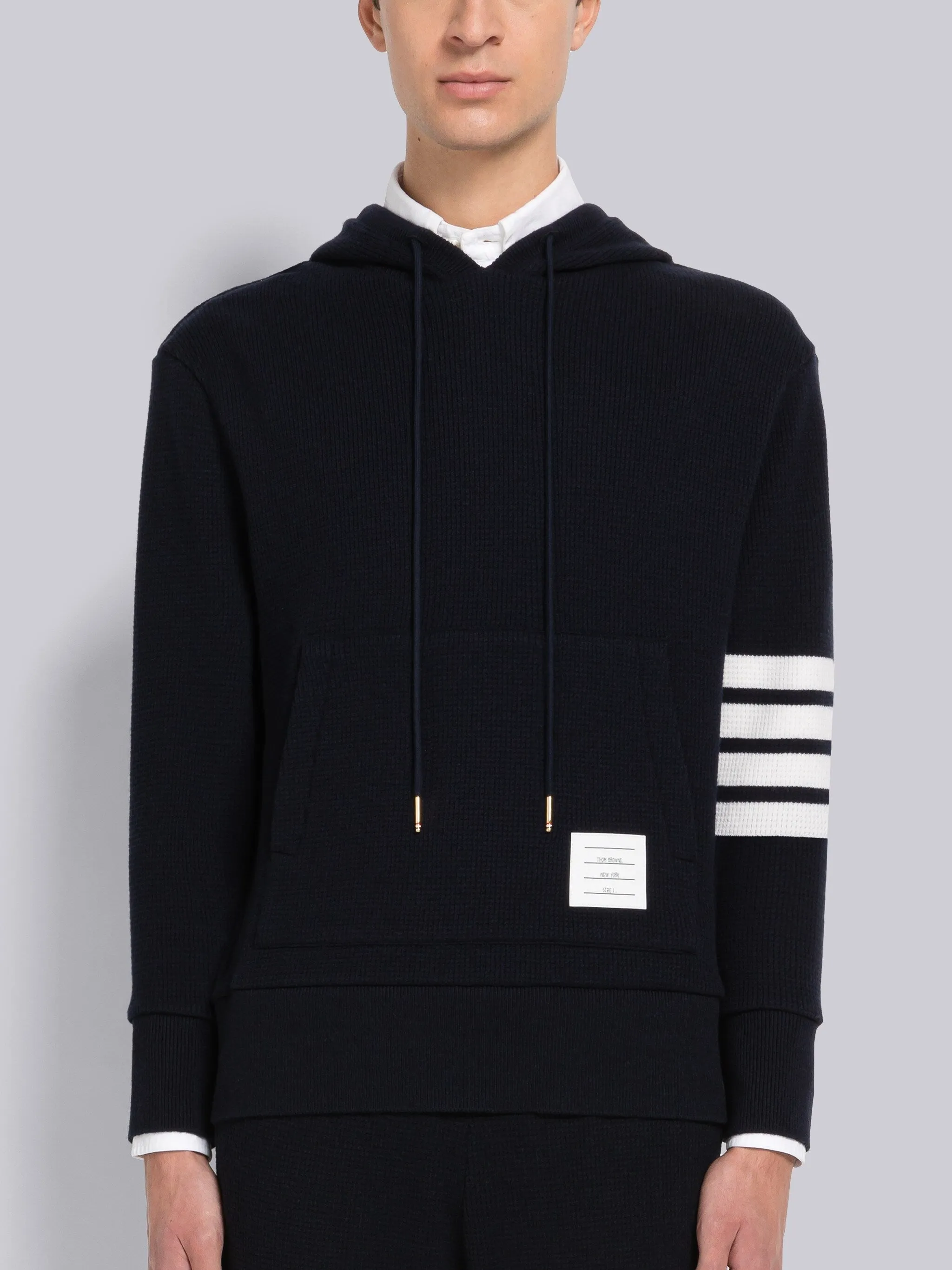 CASHMERE WAFFLE 4-BAR HOODIE PULLOVER sold by Thom Browne