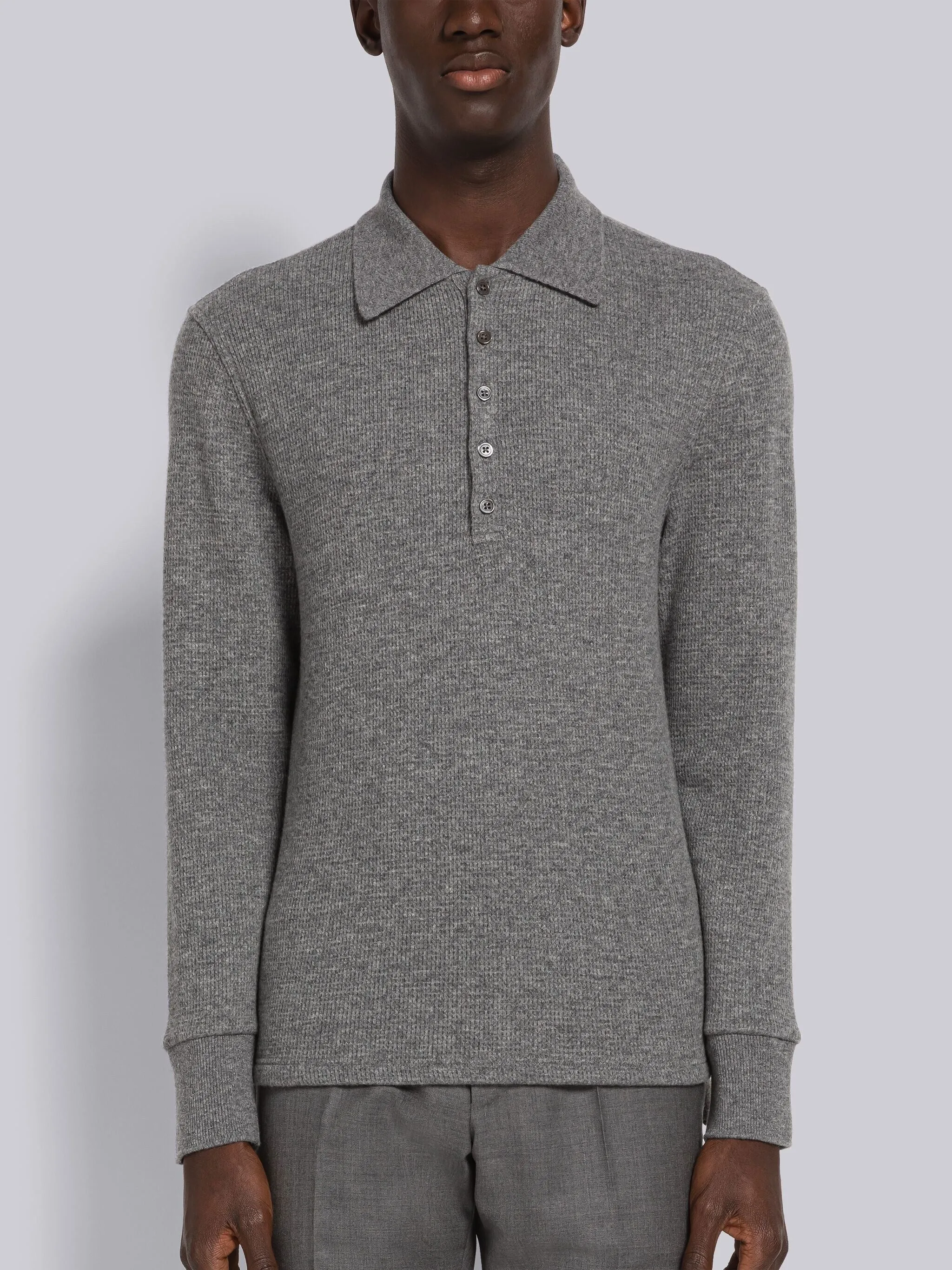 CASHMERE WAFFLE LONG SLEEVE POLO sold by Thom Browne