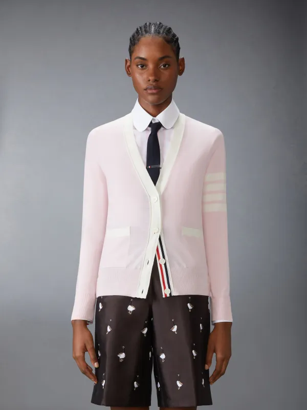 FINE MERINO WOOL 4-BAR RELAXED FIT V NECK CARDIGAN sold by Thom Browne