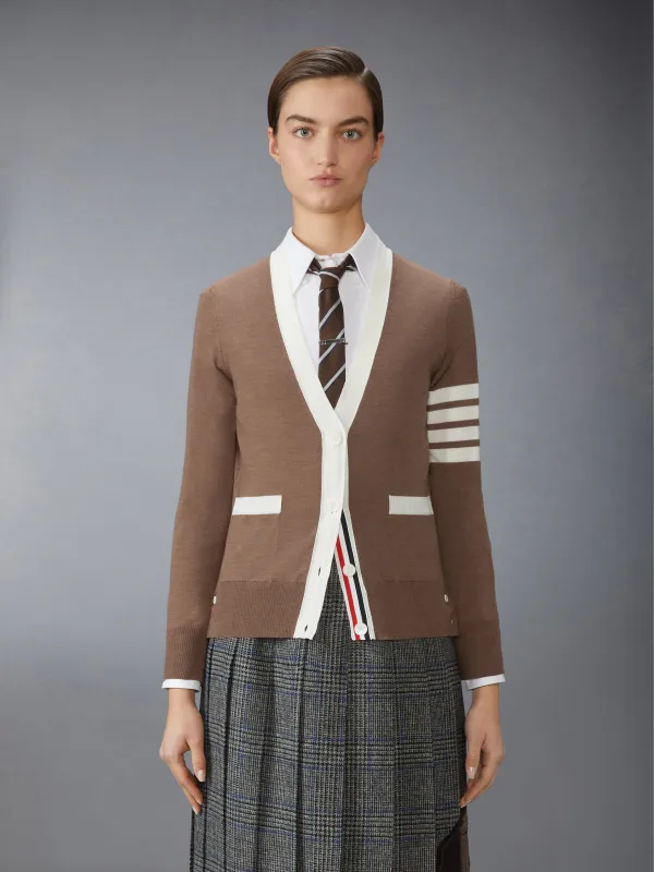 FINE MERINO WOOL 4-BAR V NECK CARDIGAN sold by Thom Browne