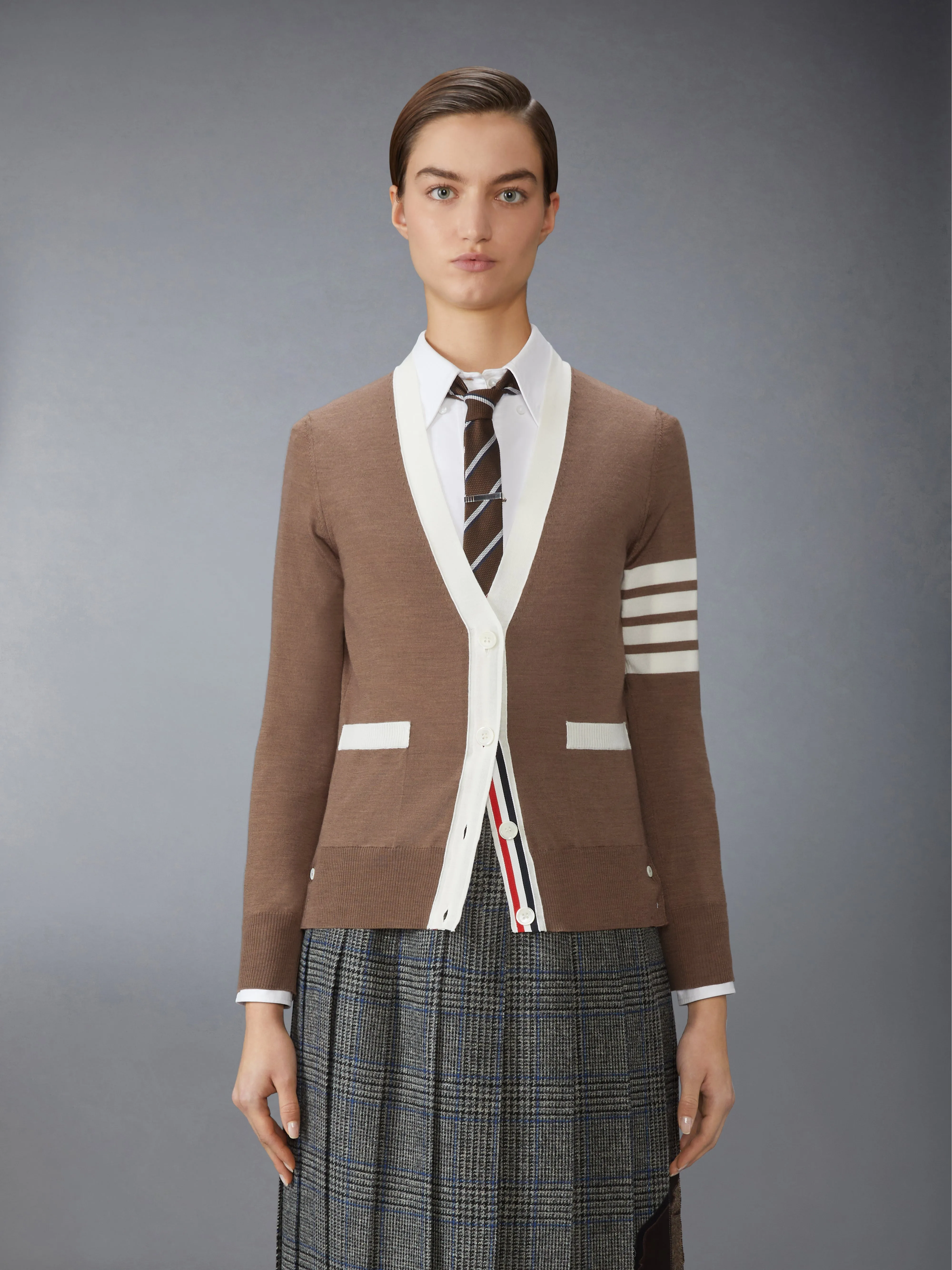 FINE MERINO WOOL 4-BAR V NECK CARDIGAN sold by Thom Browne