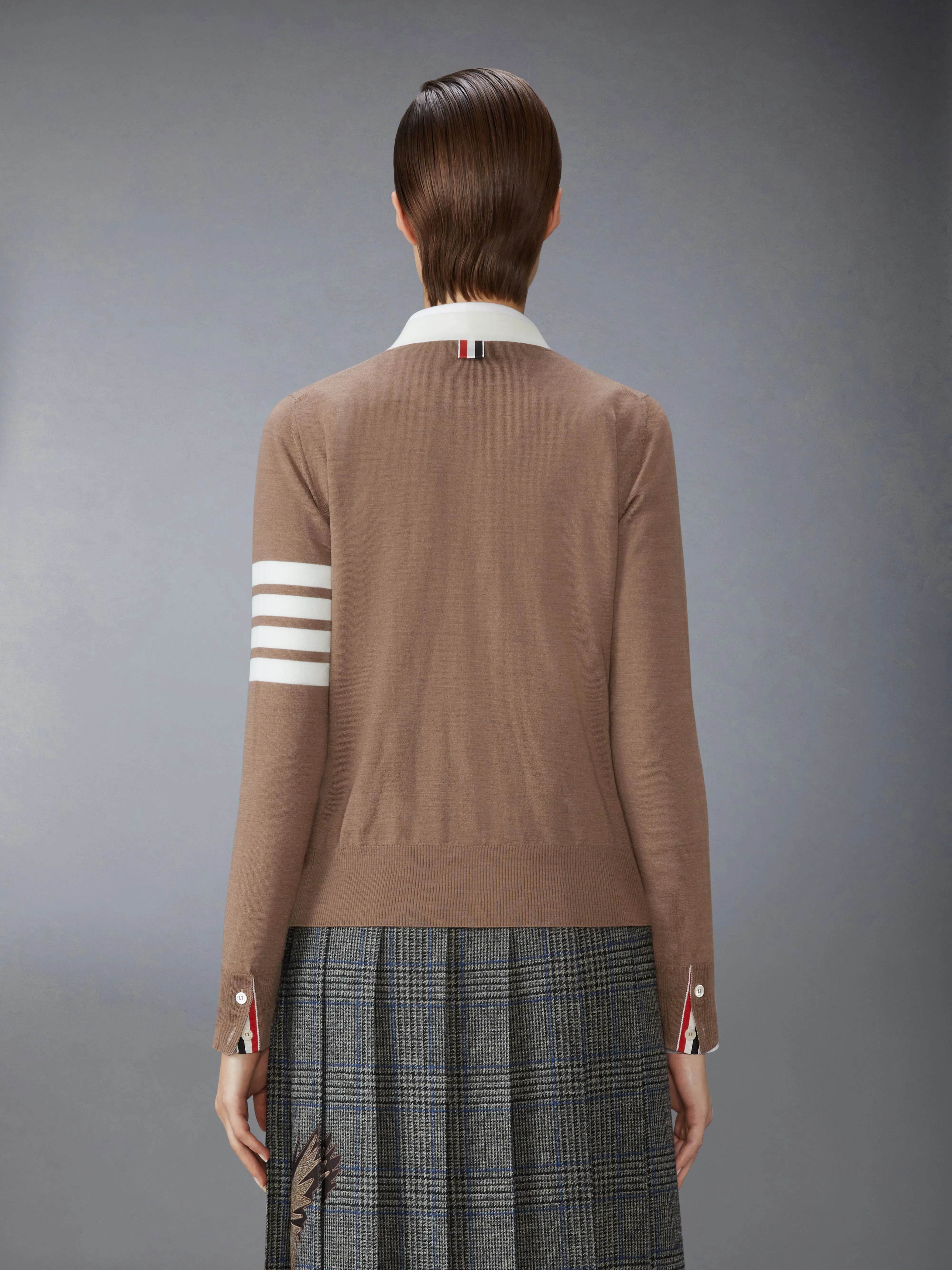 FINE MERINO WOOL 4-BAR V NECK CARDIGAN sold by Thom Browne product image thumbnail 2