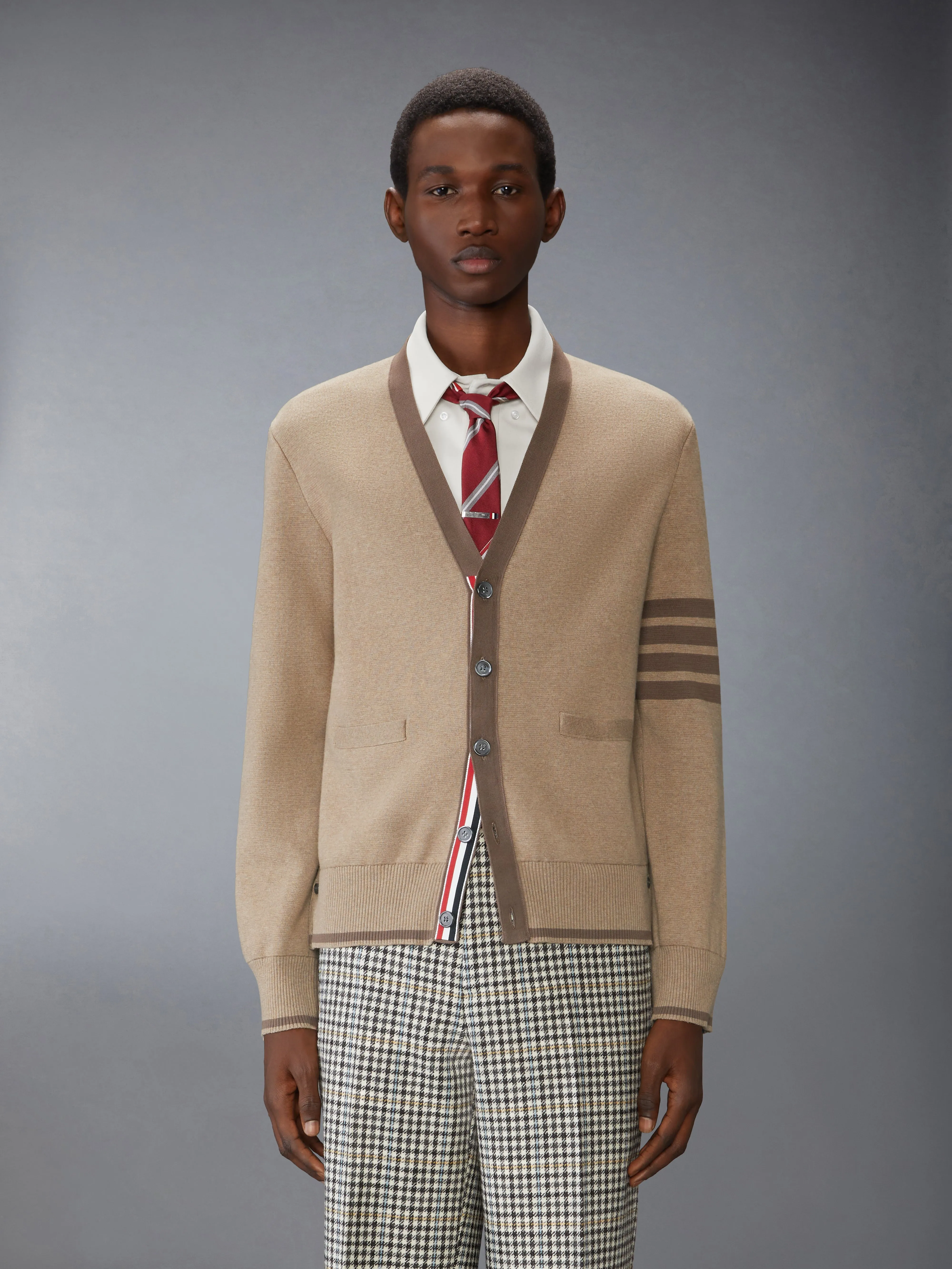 MILANO STITCH 4-BAR V NECK CARDIGAN sold by Thom Browne