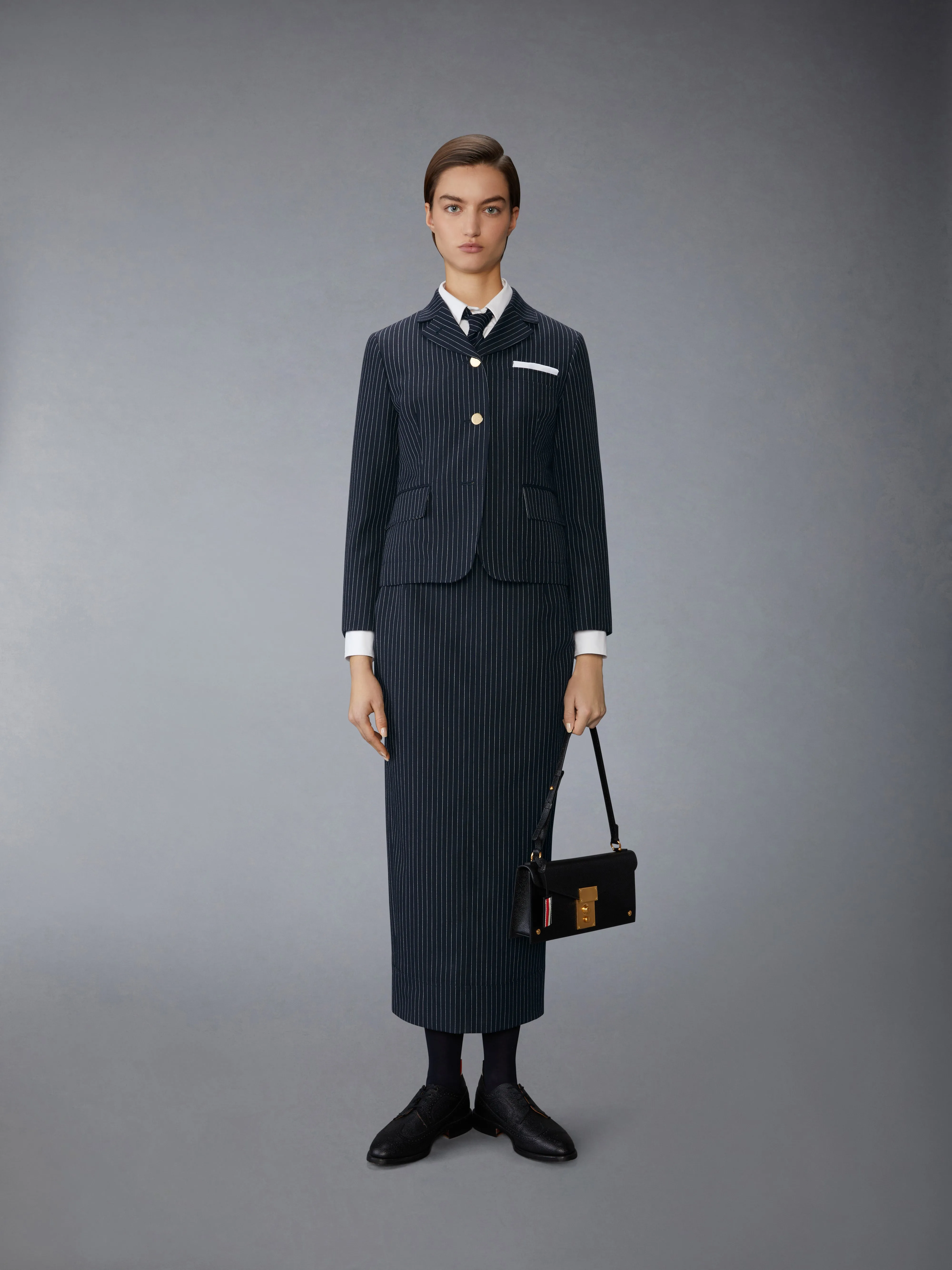 PINSTRIPE HIGH TWIST WOOL HIGH WAISTED PENCIL SKIRT sold by Thom Browne product image thumbnail 4
