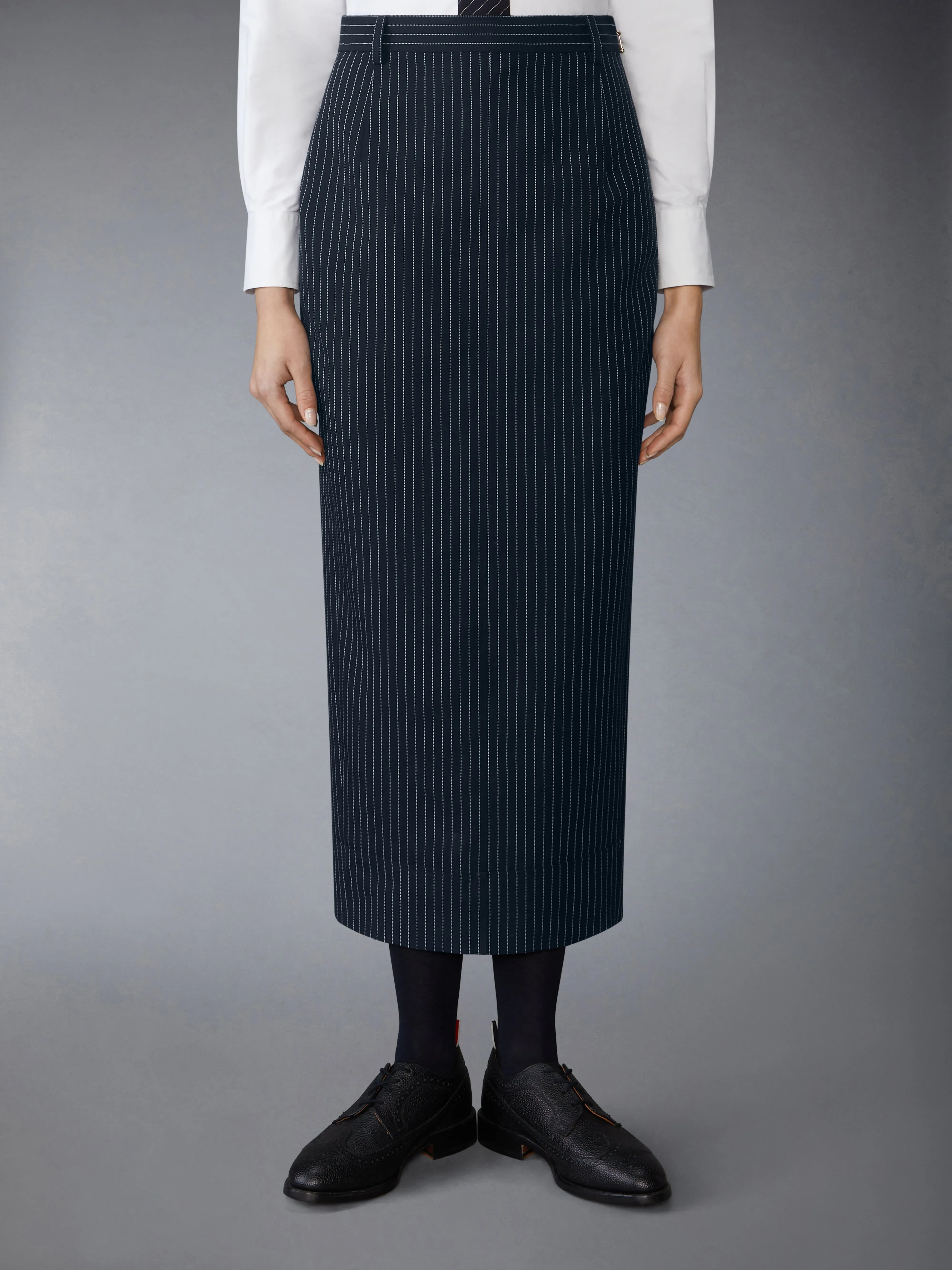 PINSTRIPE HIGH TWIST WOOL HIGH WAISTED PENCIL SKIRT sold by Thom Browne