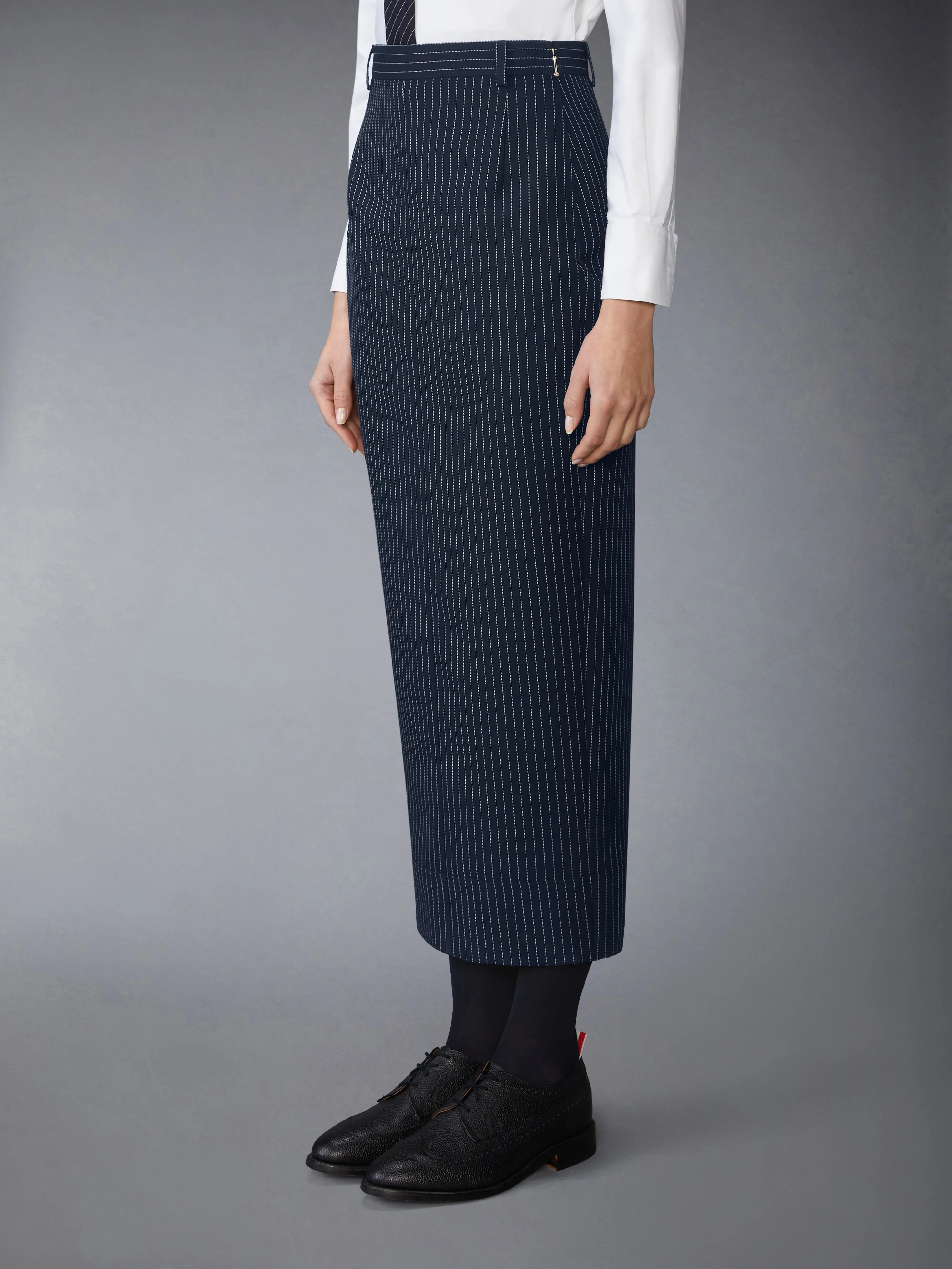 PINSTRIPE HIGH TWIST WOOL HIGH WAISTED PENCIL SKIRT sold by Thom Browne product image thumbnail 2