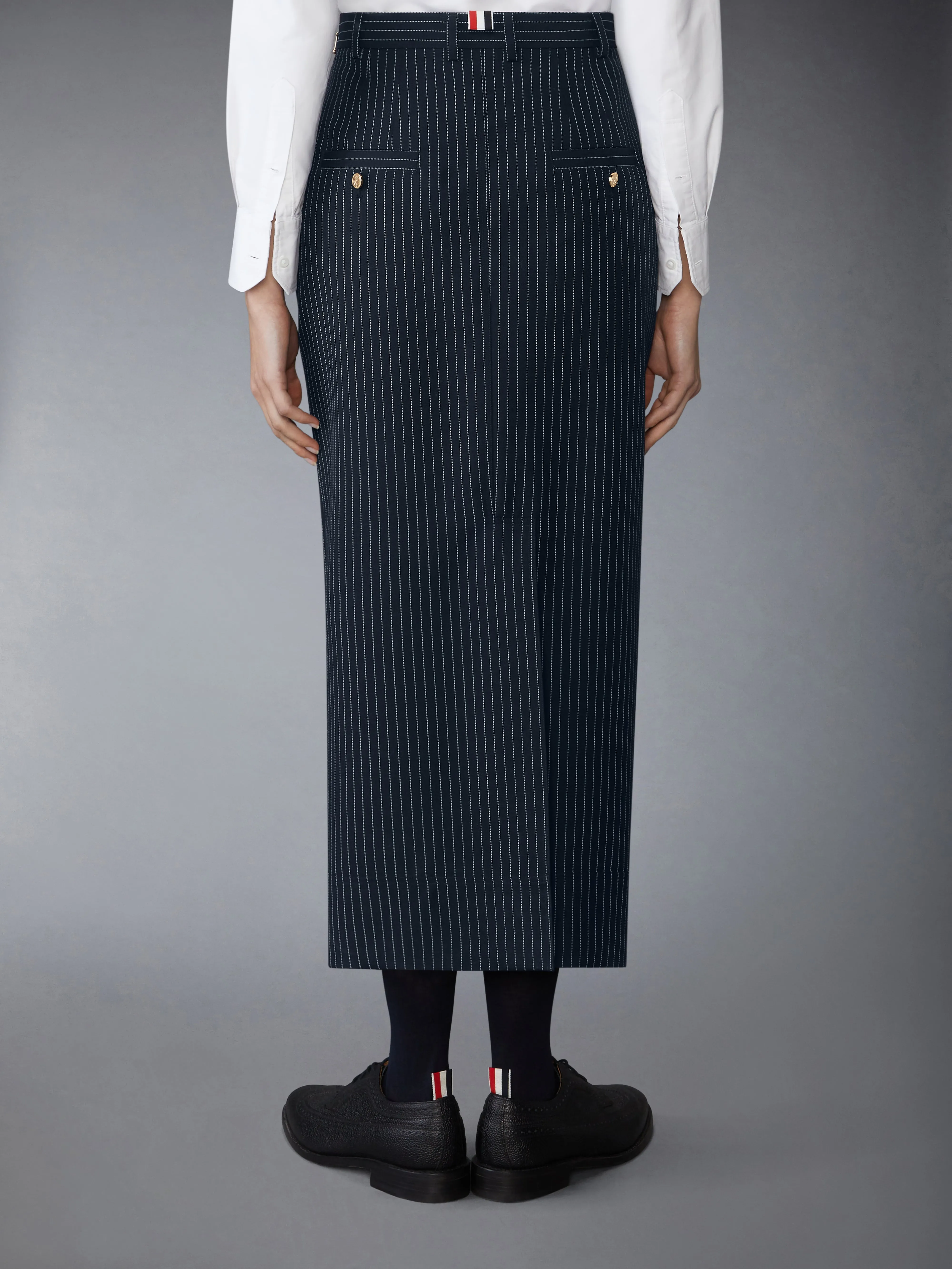 PINSTRIPE HIGH TWIST WOOL HIGH WAISTED PENCIL SKIRT sold by Thom Browne product image thumbnail 3