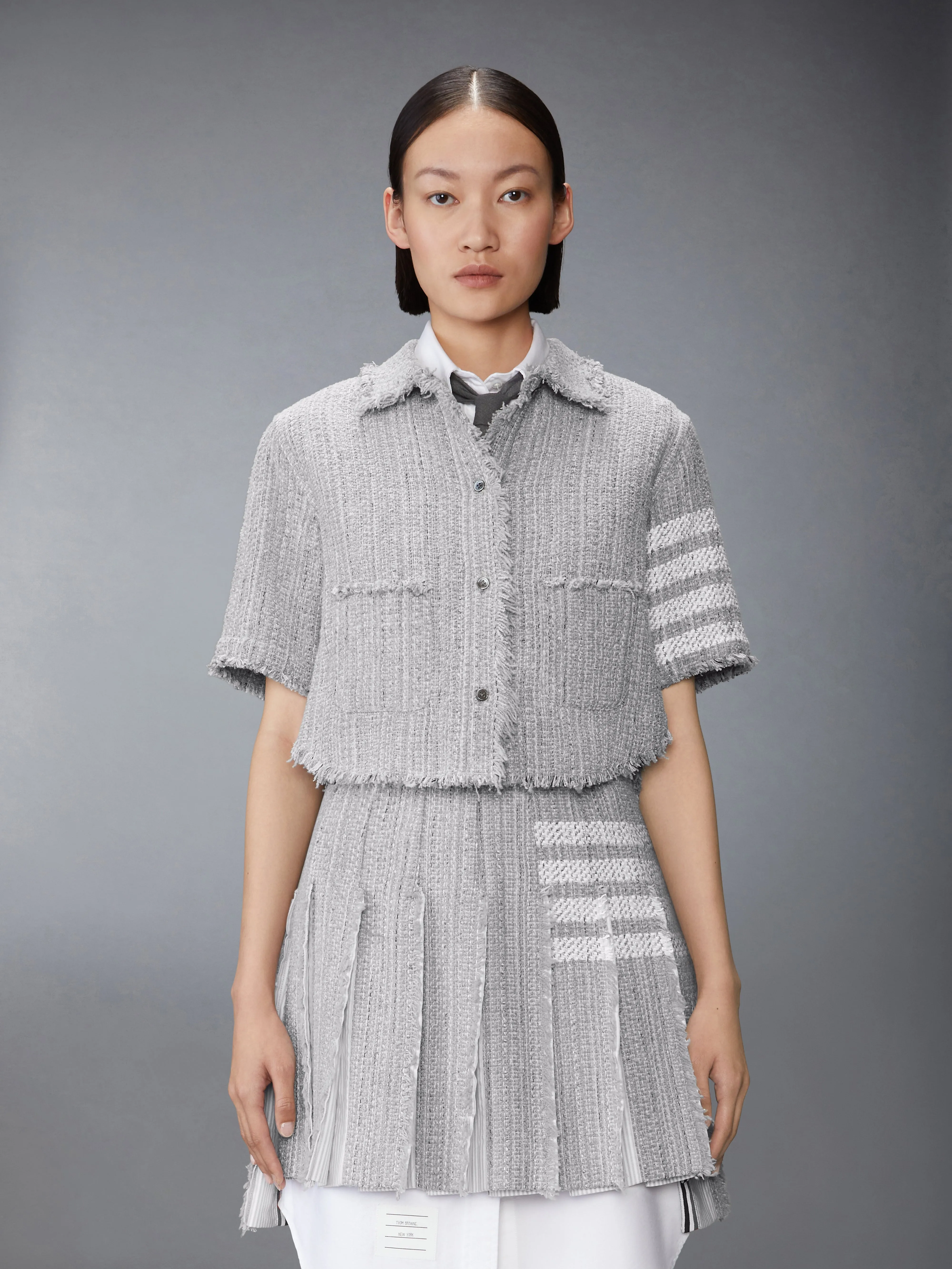 SOLID TWEED 4-BAR CROPPED SHIRT JACKET sold by Thom Browne