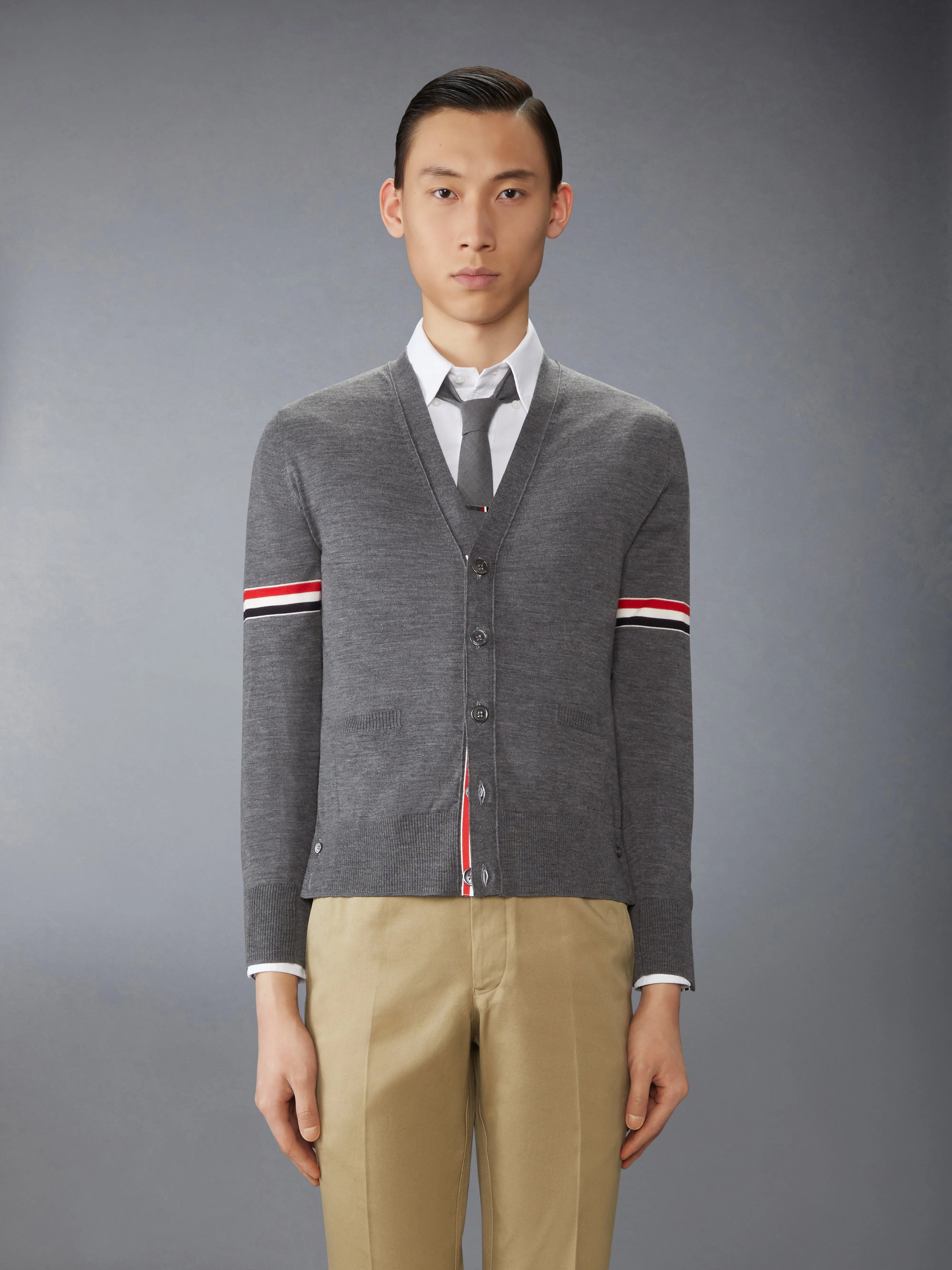 FINE MERINO WOOL RWB ARMBAND CARDIGAN sold by Thom Browne