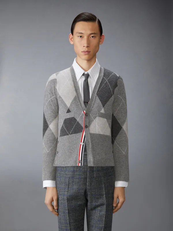 ARGYLE INTARSIA CASHMERE V NECK CARDIGAN sold by Thom Browne