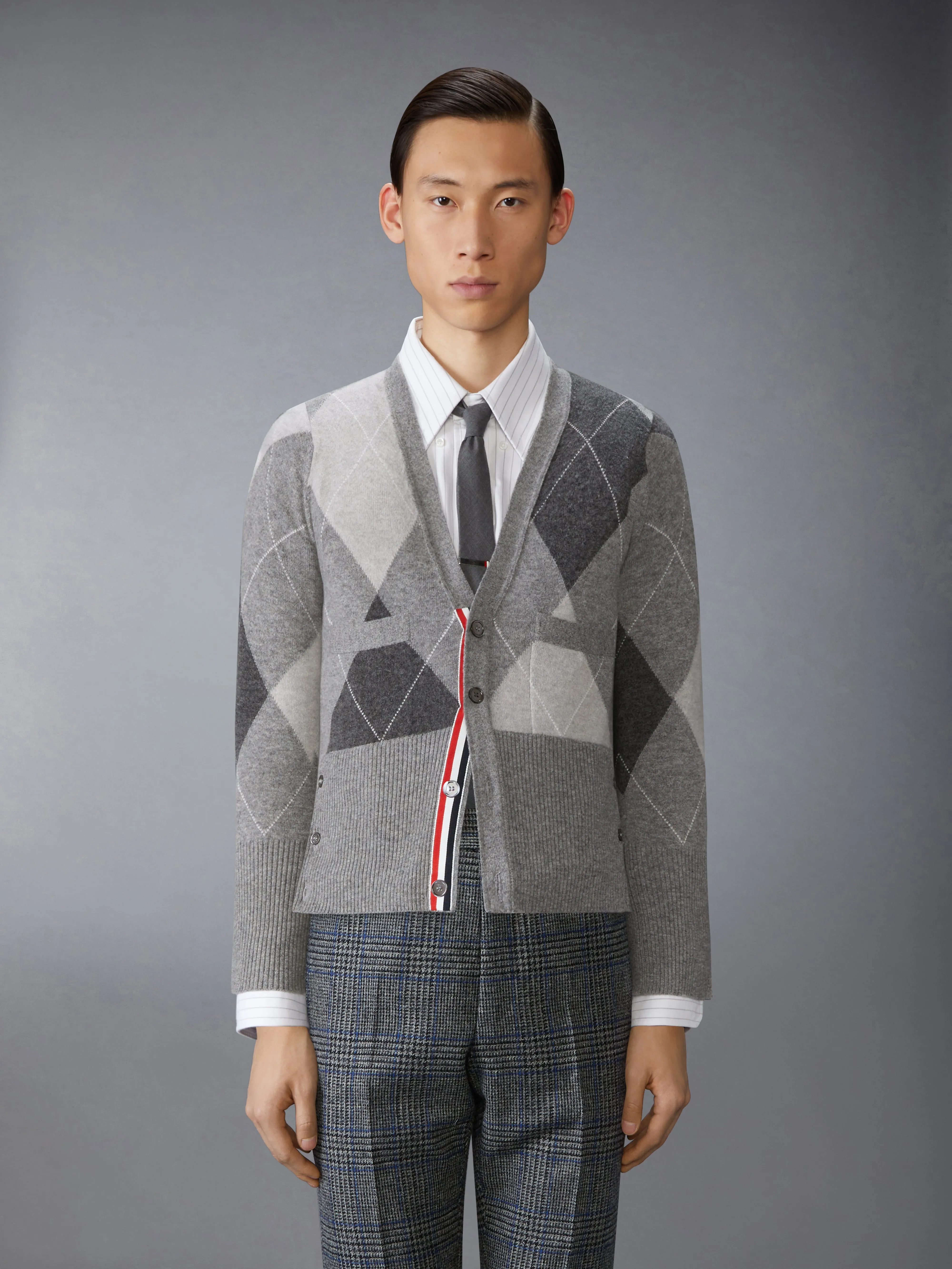 ARGYLE INTARSIA CASHMERE V NECK CARDIGAN sold by Thom Browne
