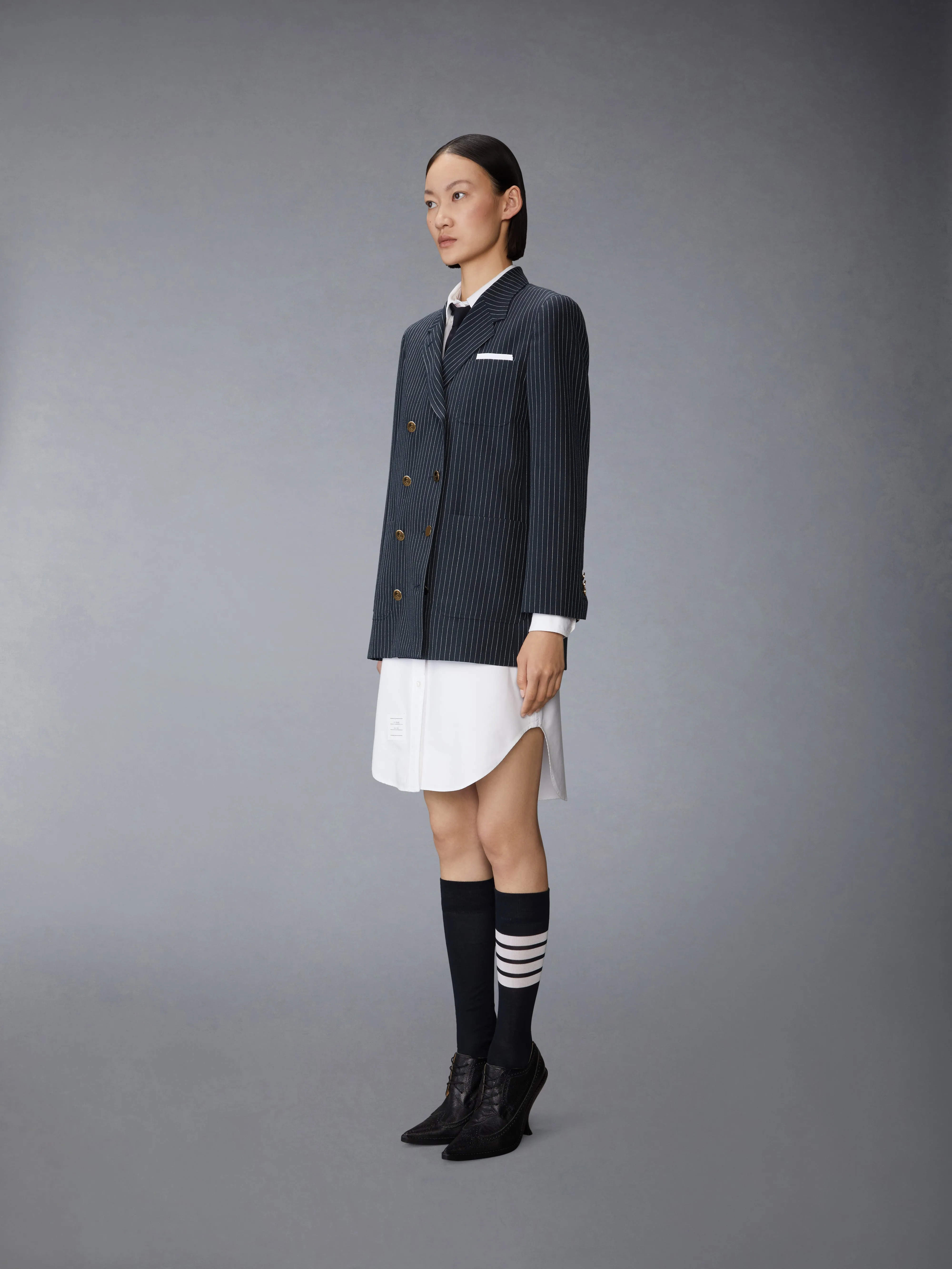 PINSTRIPE HIGH TWIST WOOL SACK SPORTCOAT DRESS sold by Thom Browne product image thumbnail 2