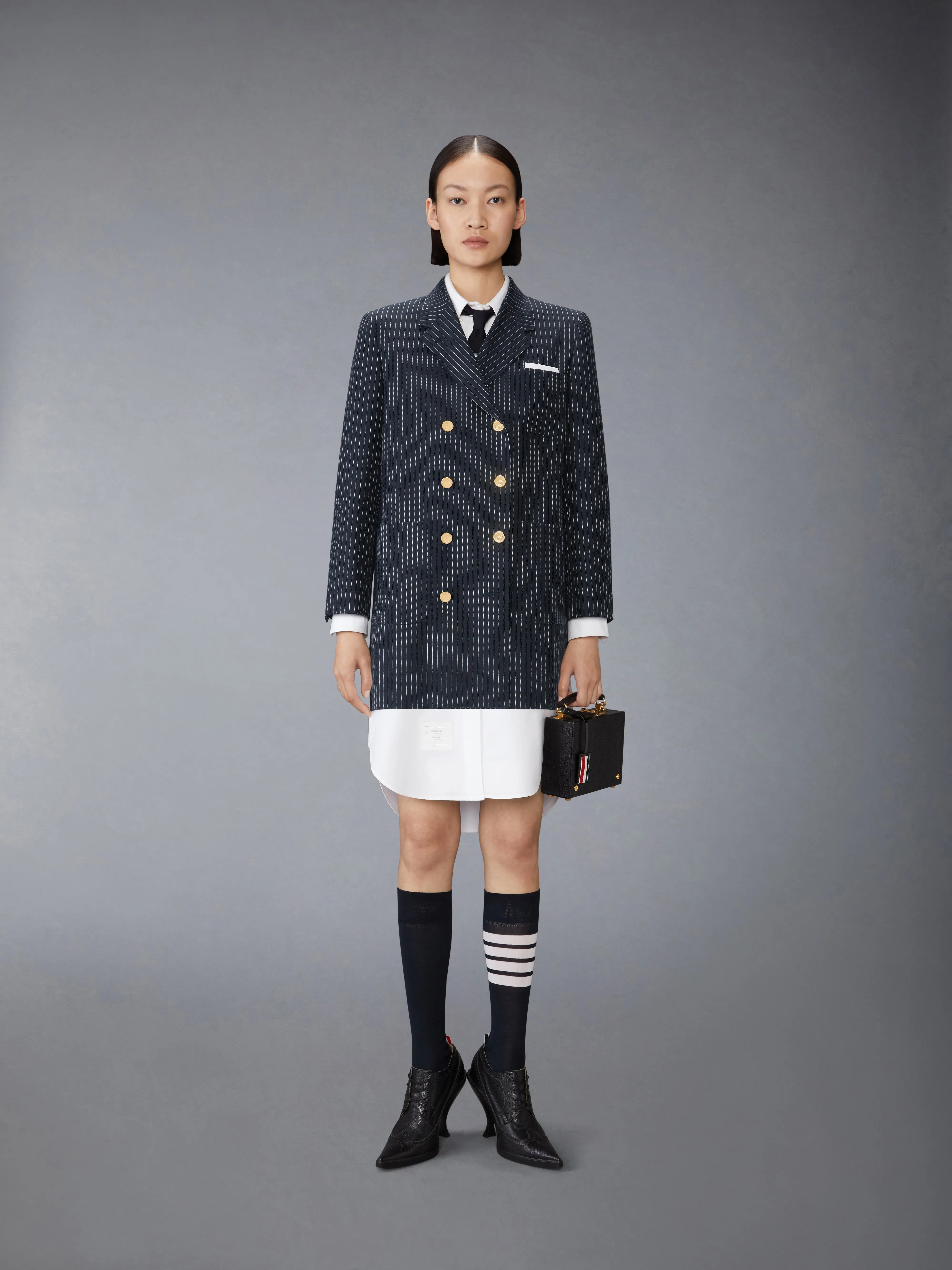 PINSTRIPE HIGH TWIST WOOL SACK SPORTCOAT DRESS sold by Thom Browne product image thumbnail 4