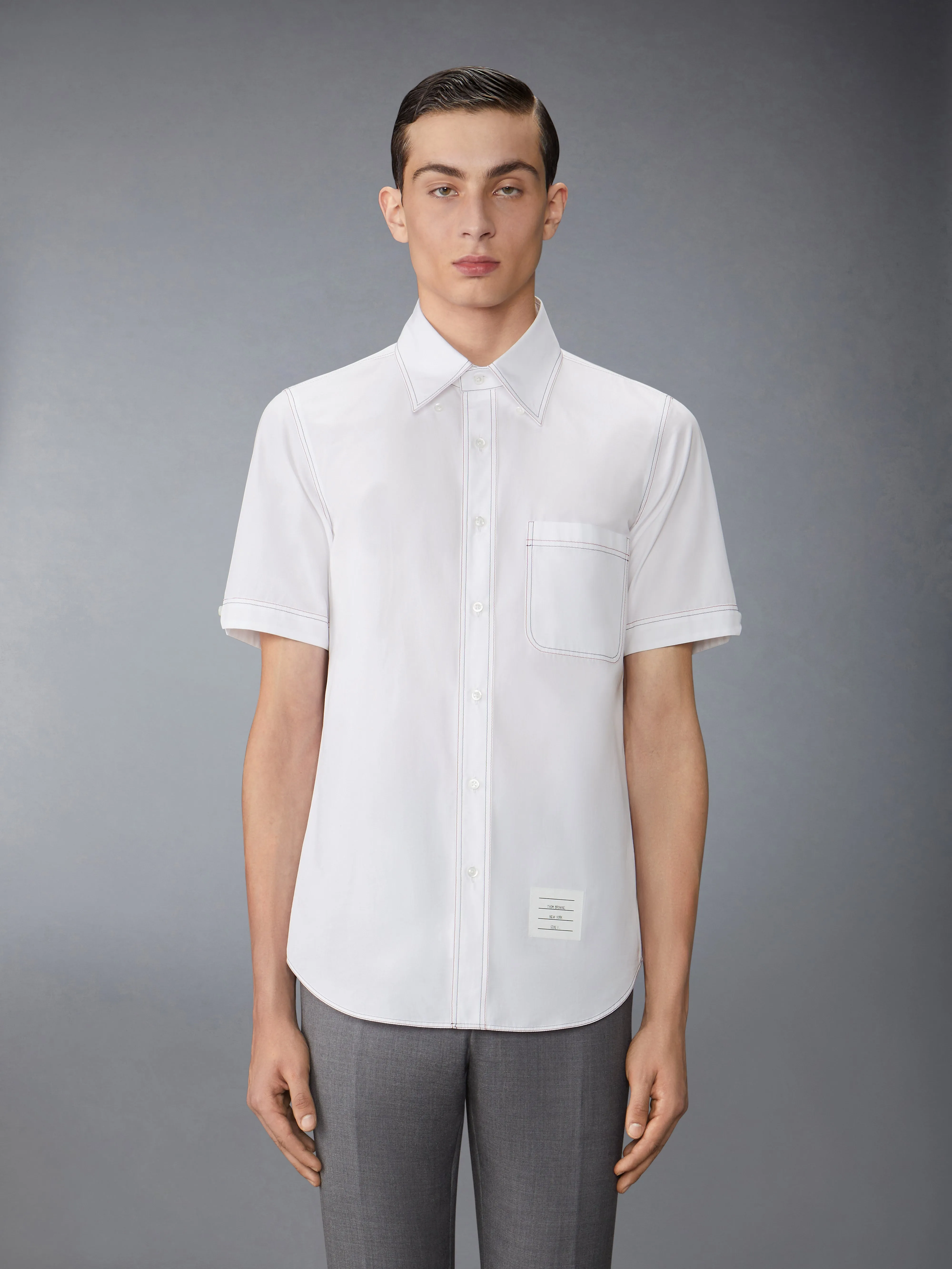 SOLID POPLIN CONTRAST TOPSTITCH SHORT SLEEVE SHIRT sold by Thom Browne product image thumbnail 2