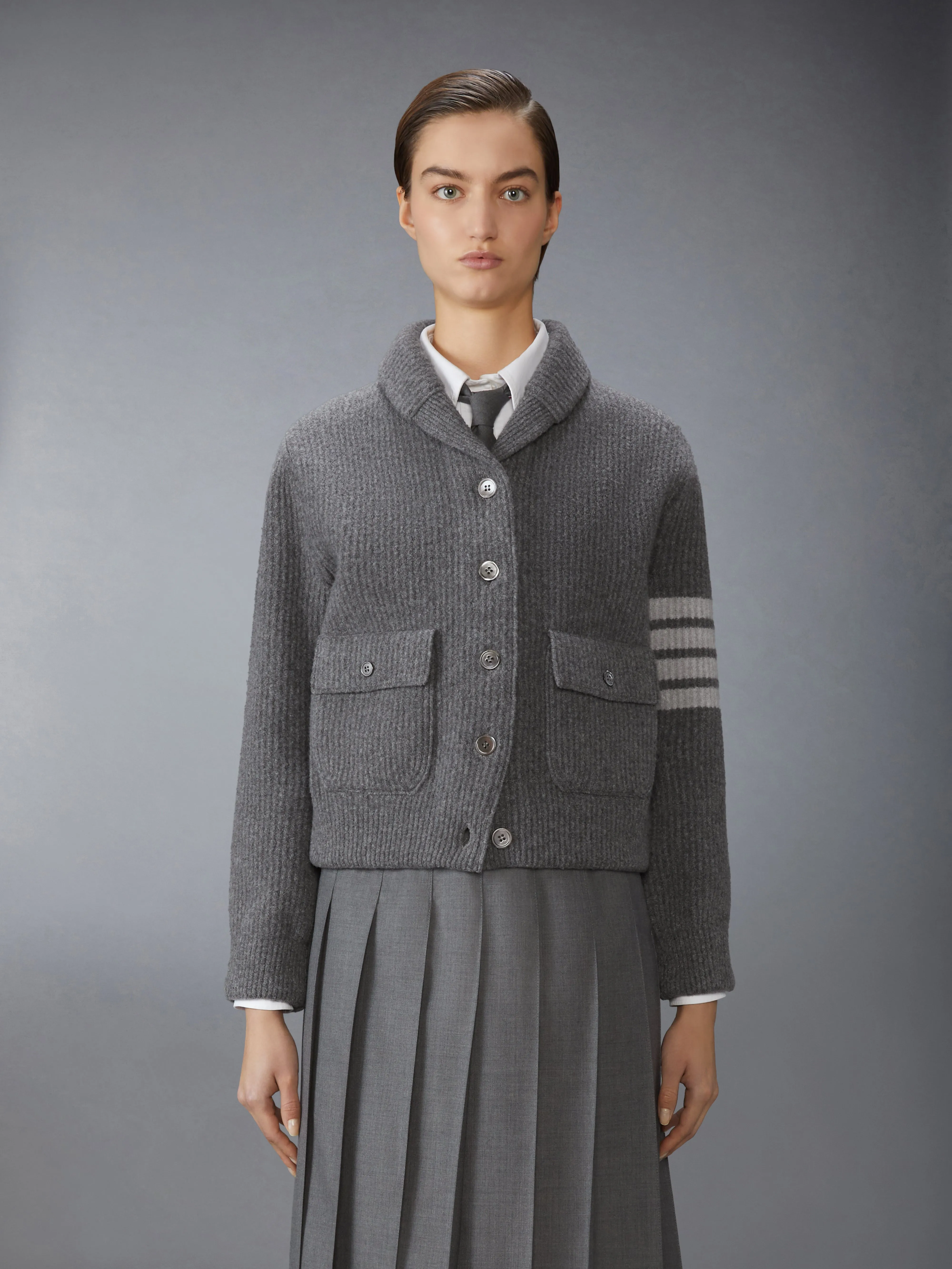 BOILED MERINO WOOL 4-BAR BOMBER JACKET sold by Thom Browne