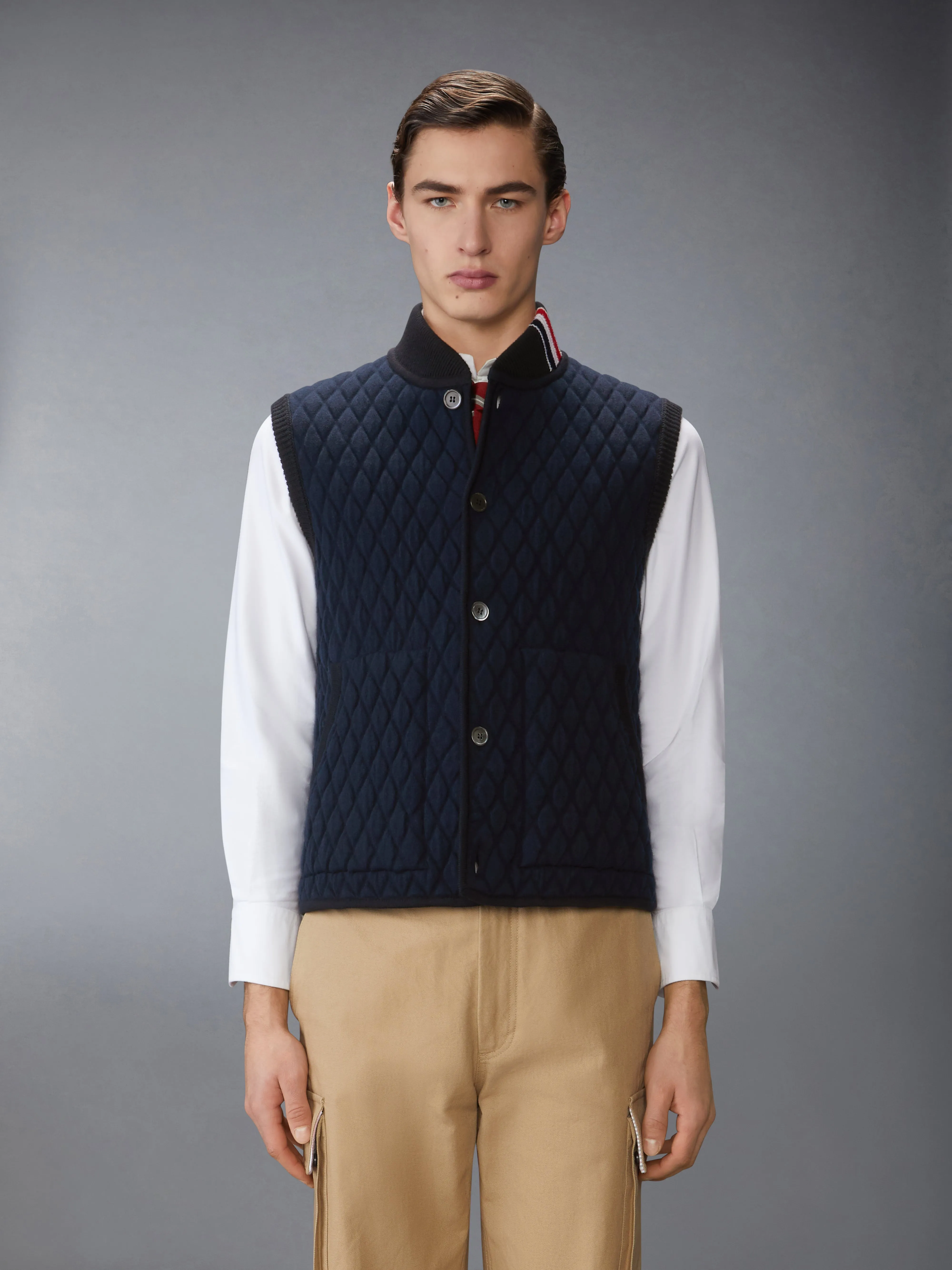 MERINO WOOL INTARSIA JACQUARD WORK VEST sold by Thom Browne
